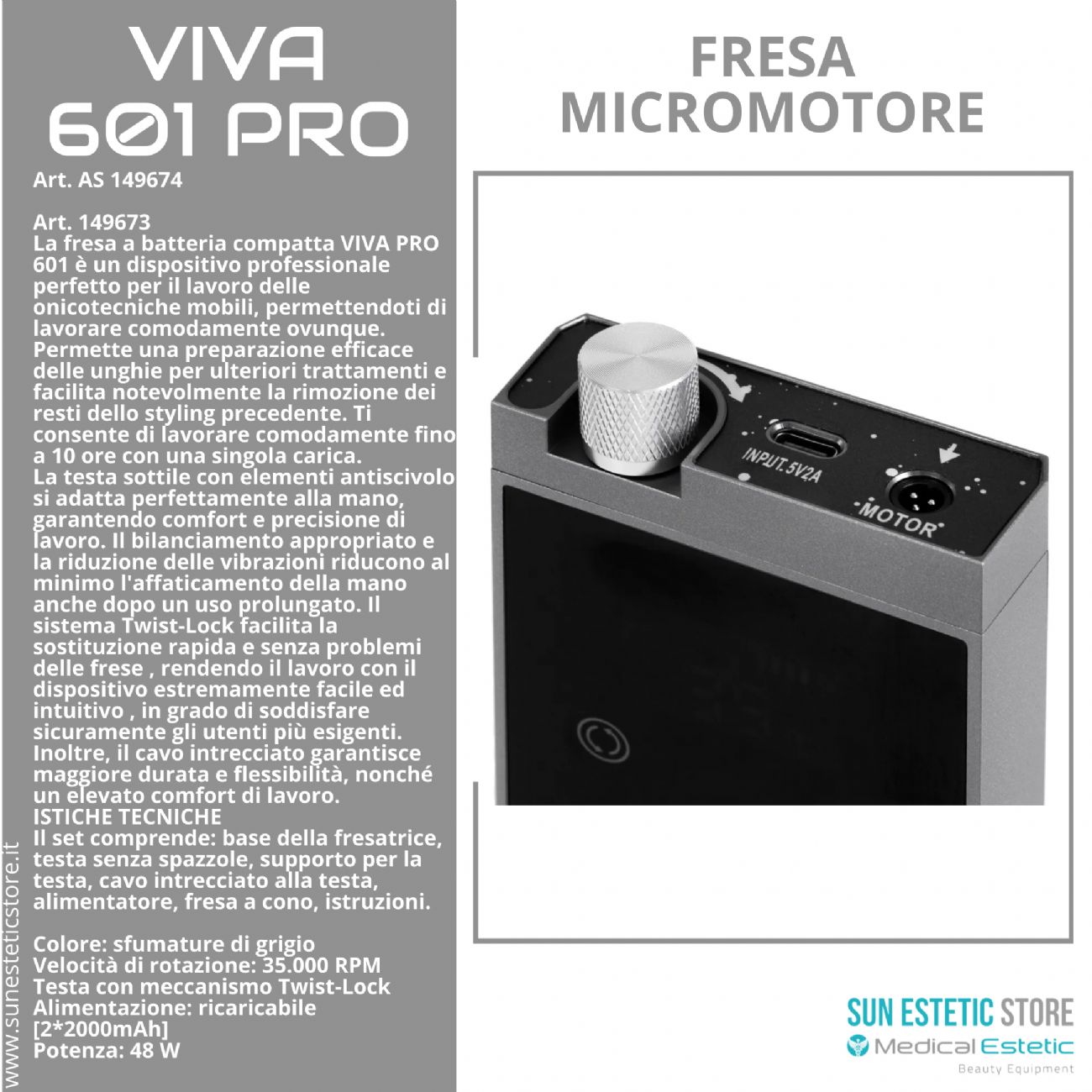 Viva 601 PRO fresa micromotore portatile a batteria per manicure