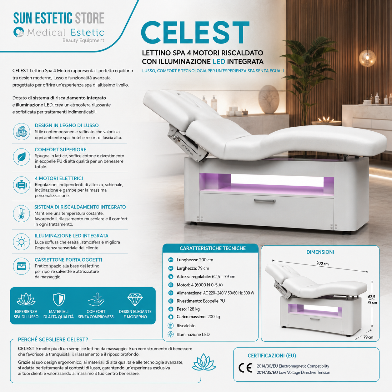 Celest lettino spa Luxury 4 motori riscaldato con illuminazione LED