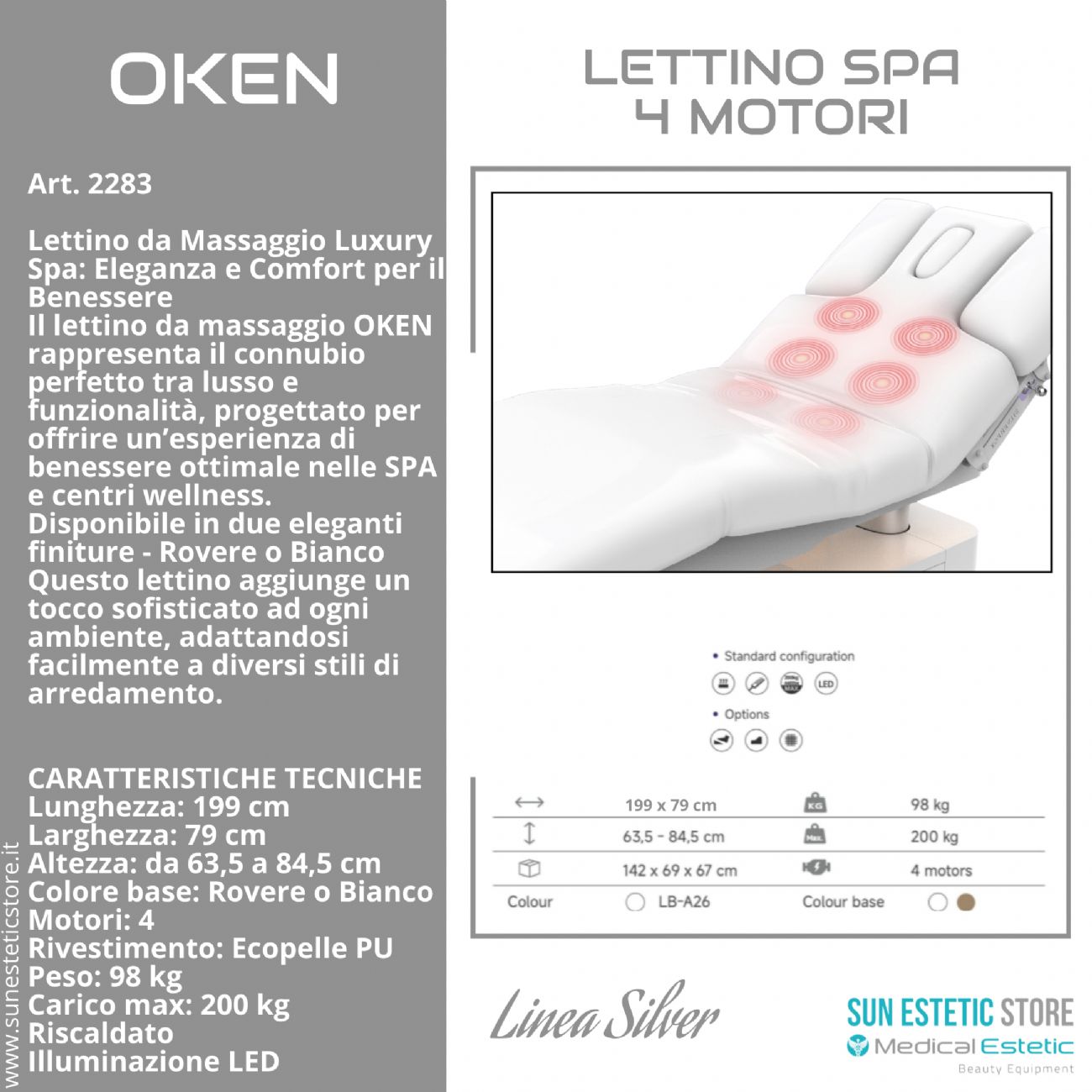 Oken lettino massaggio Luxury Spa 4 motori riscaldato con illuminazione LED