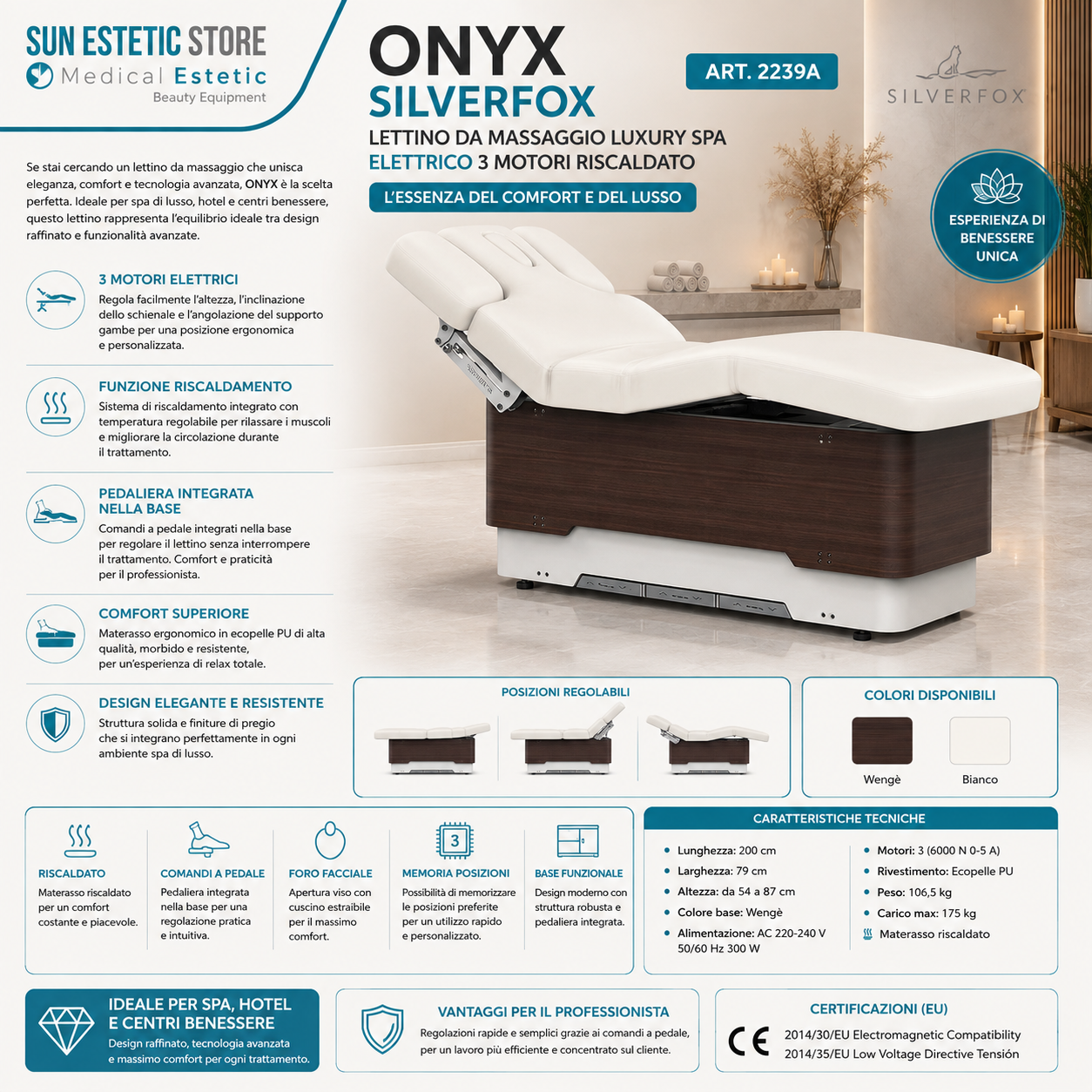 ONYX Lettino da Massaggio luxury Spa elettrico 3 motori riscaldato