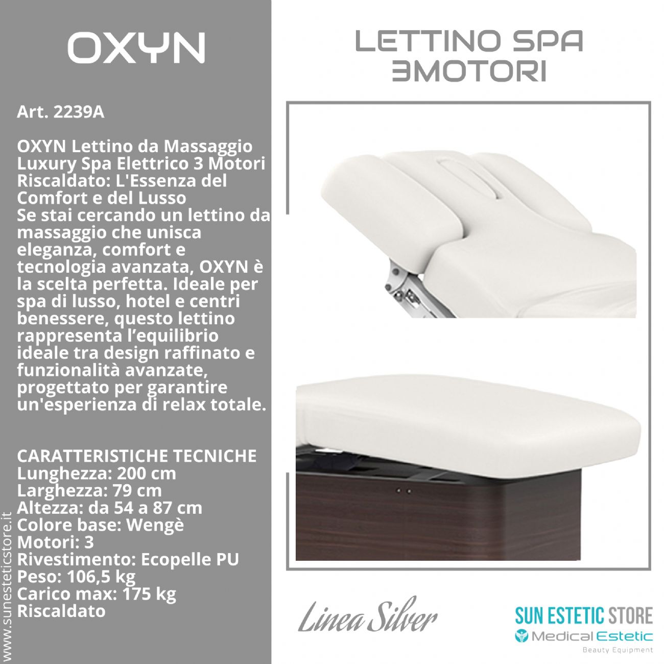 OXYN Lettino da Massaggio luxury Spa elettrico 3 motori riscaldato