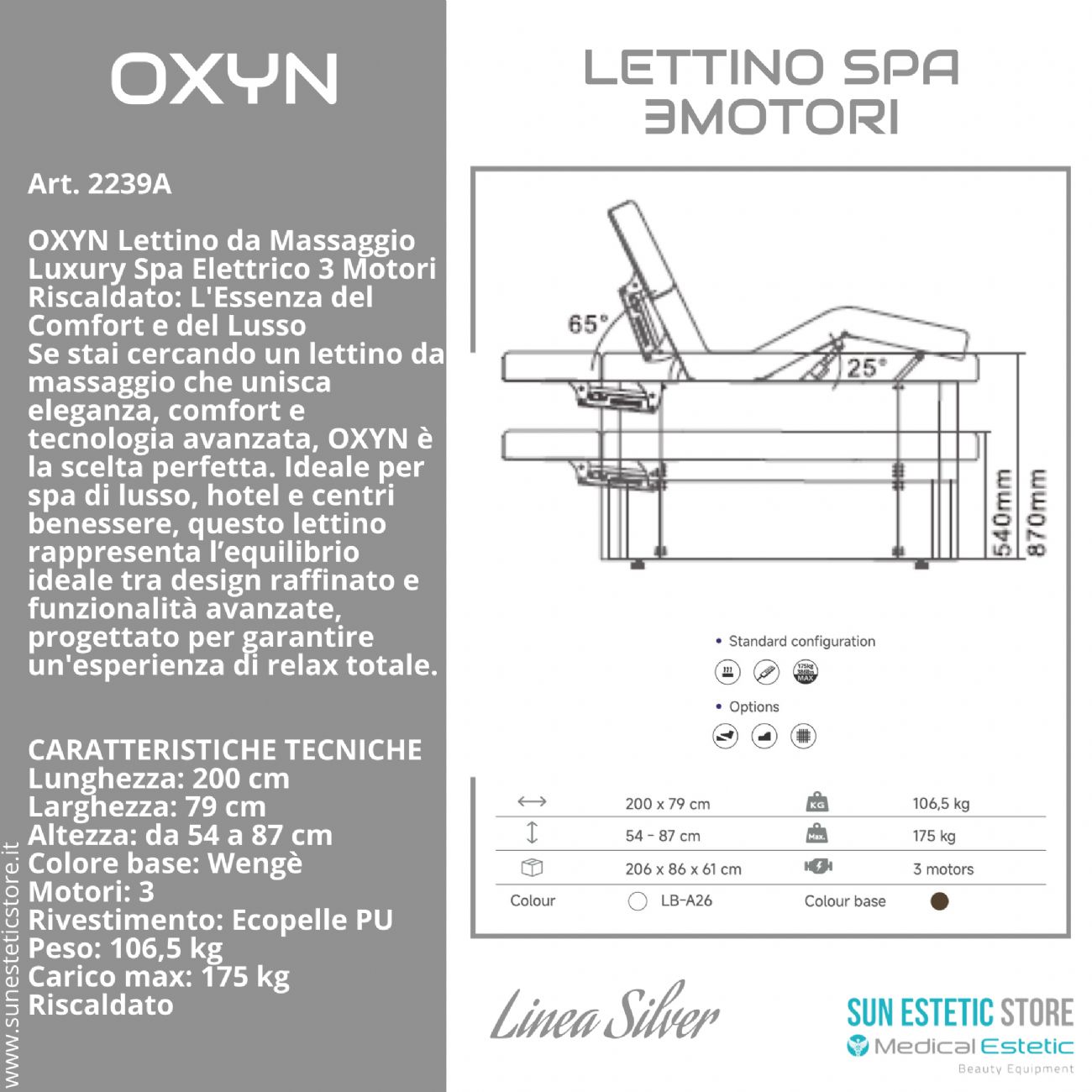 OXYN Lettino da Massaggio luxury Spa elettrico 3 motori riscaldato