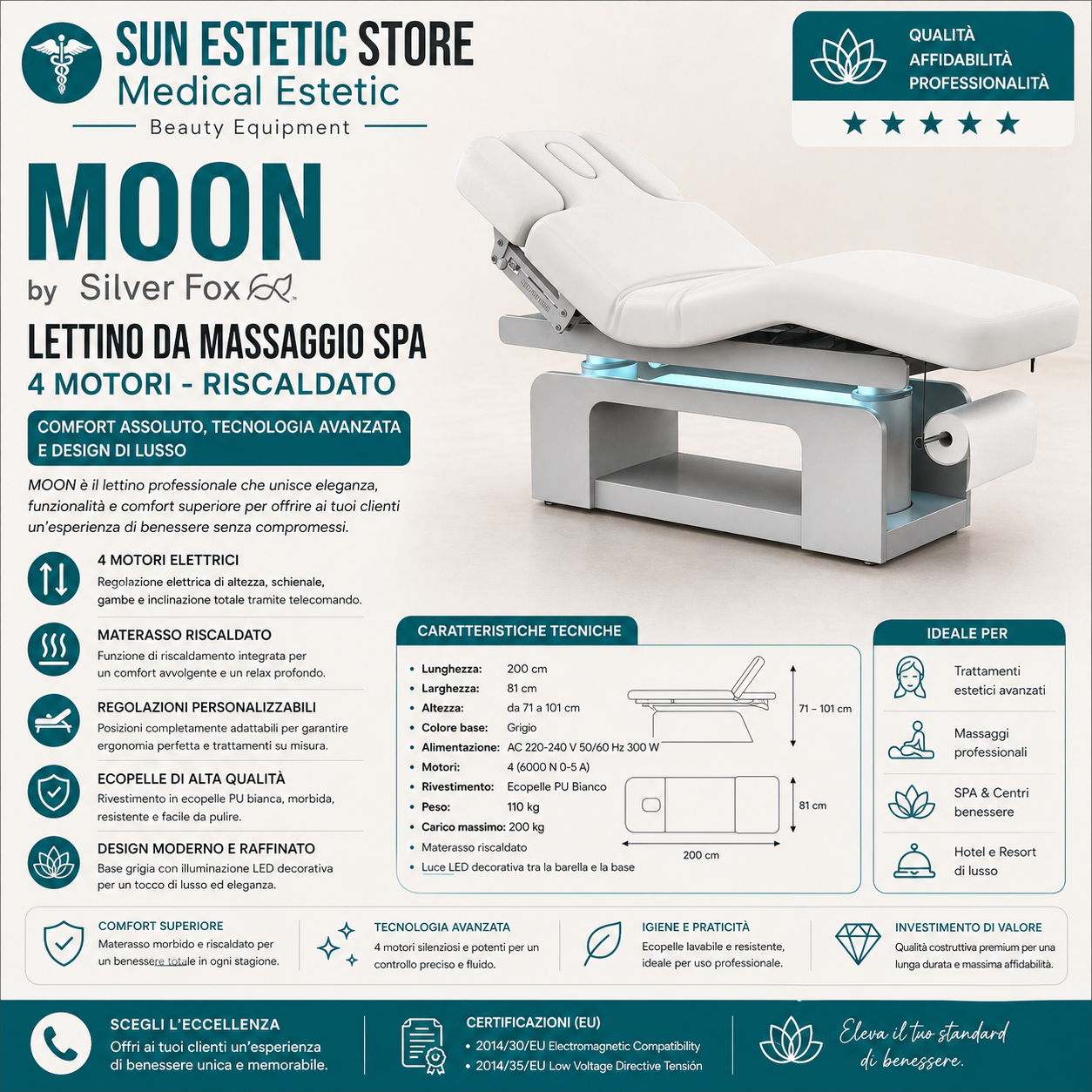 Moon lettino da massaggio luxury Spa elettrico 4 motori riscaldato