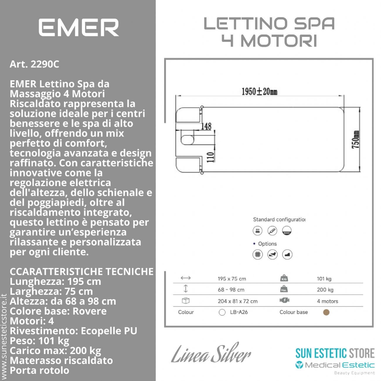 EMER Lettino spa da massaggio 4 motori riscaldato