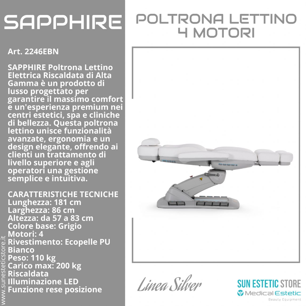 Sapphire poltrona lettino estetica elettrica 4 motori riscaldata