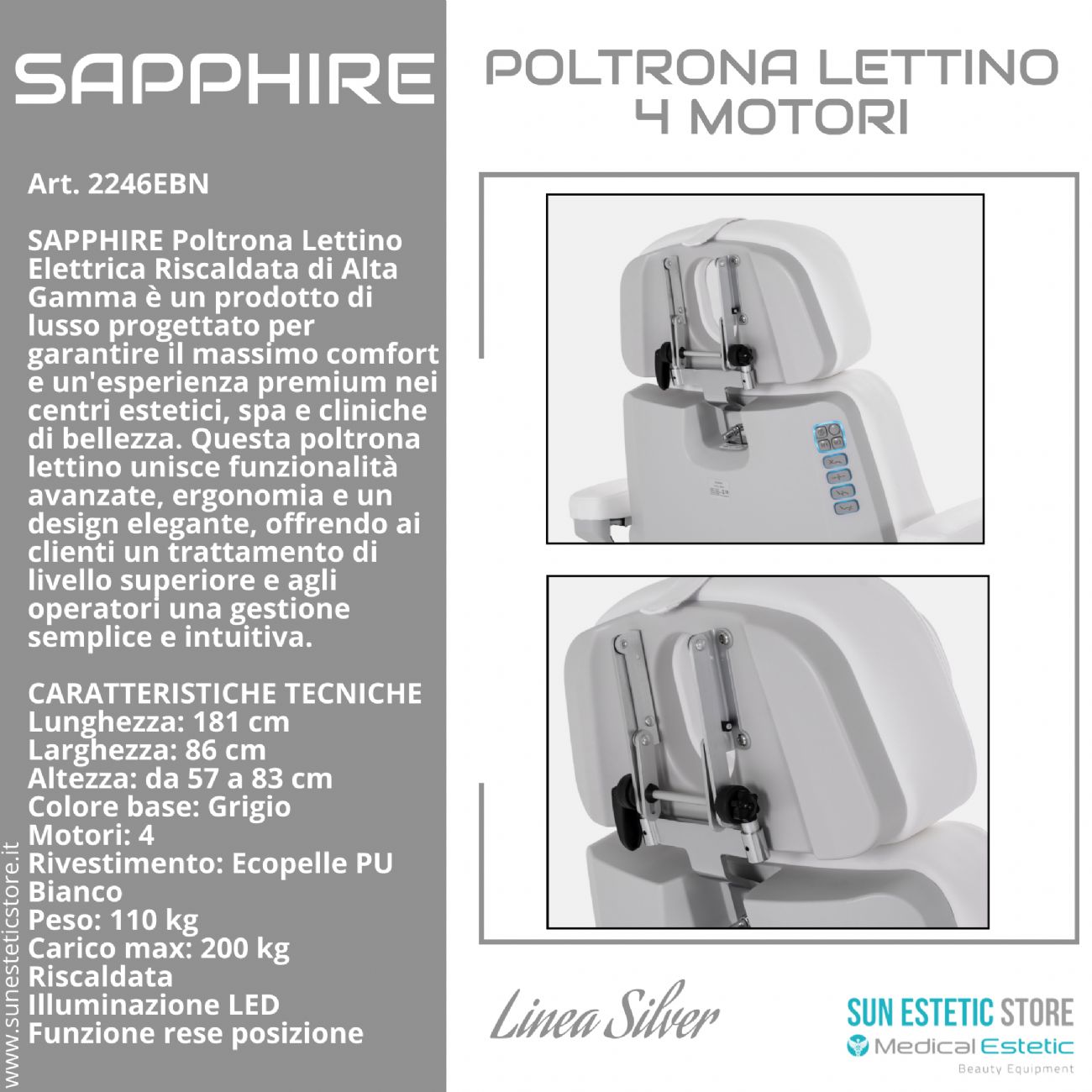 Sapphire poltrona lettino estetica elettrica 4 motori riscaldata