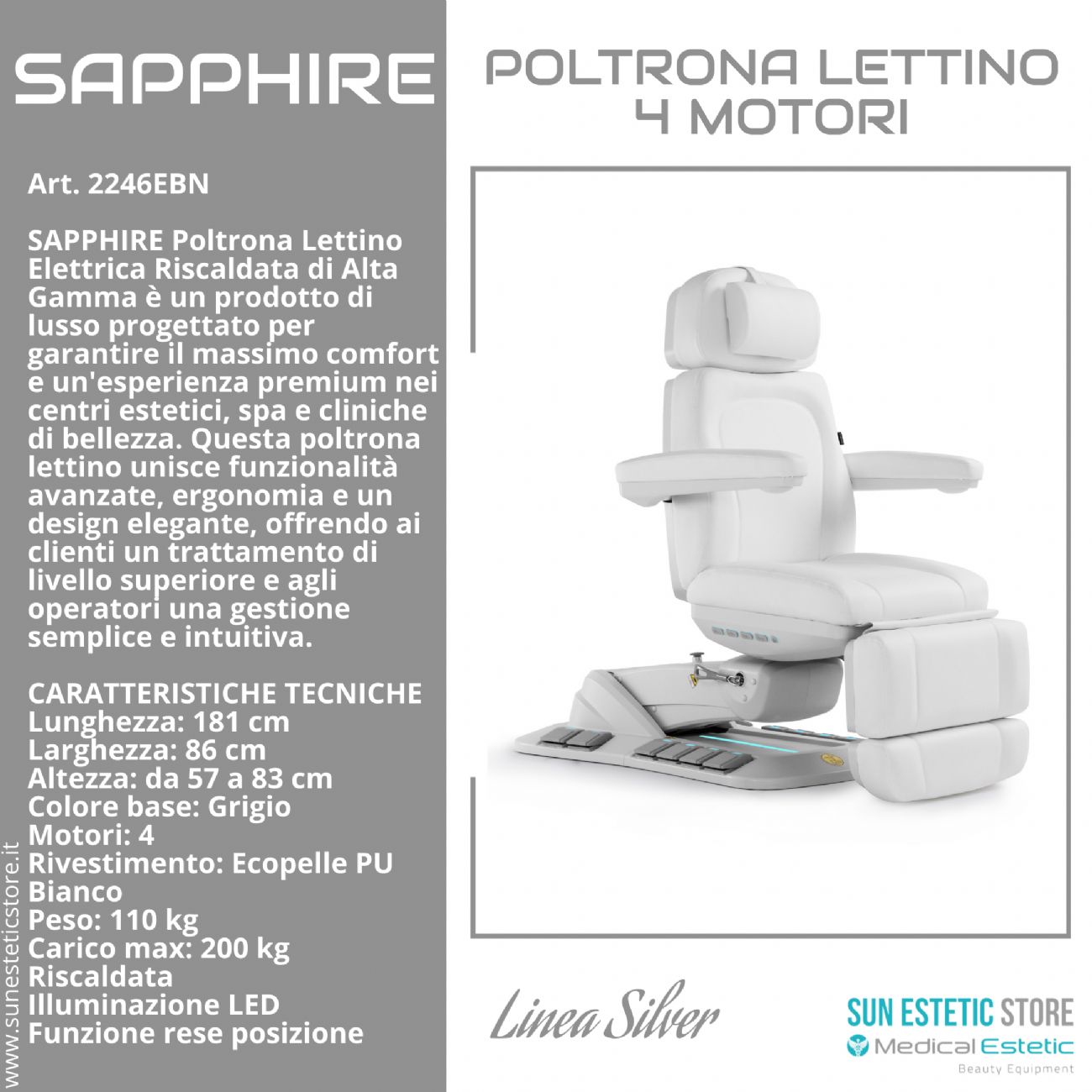 Sapphire poltrona lettino estetica elettrica 4 motori riscaldata