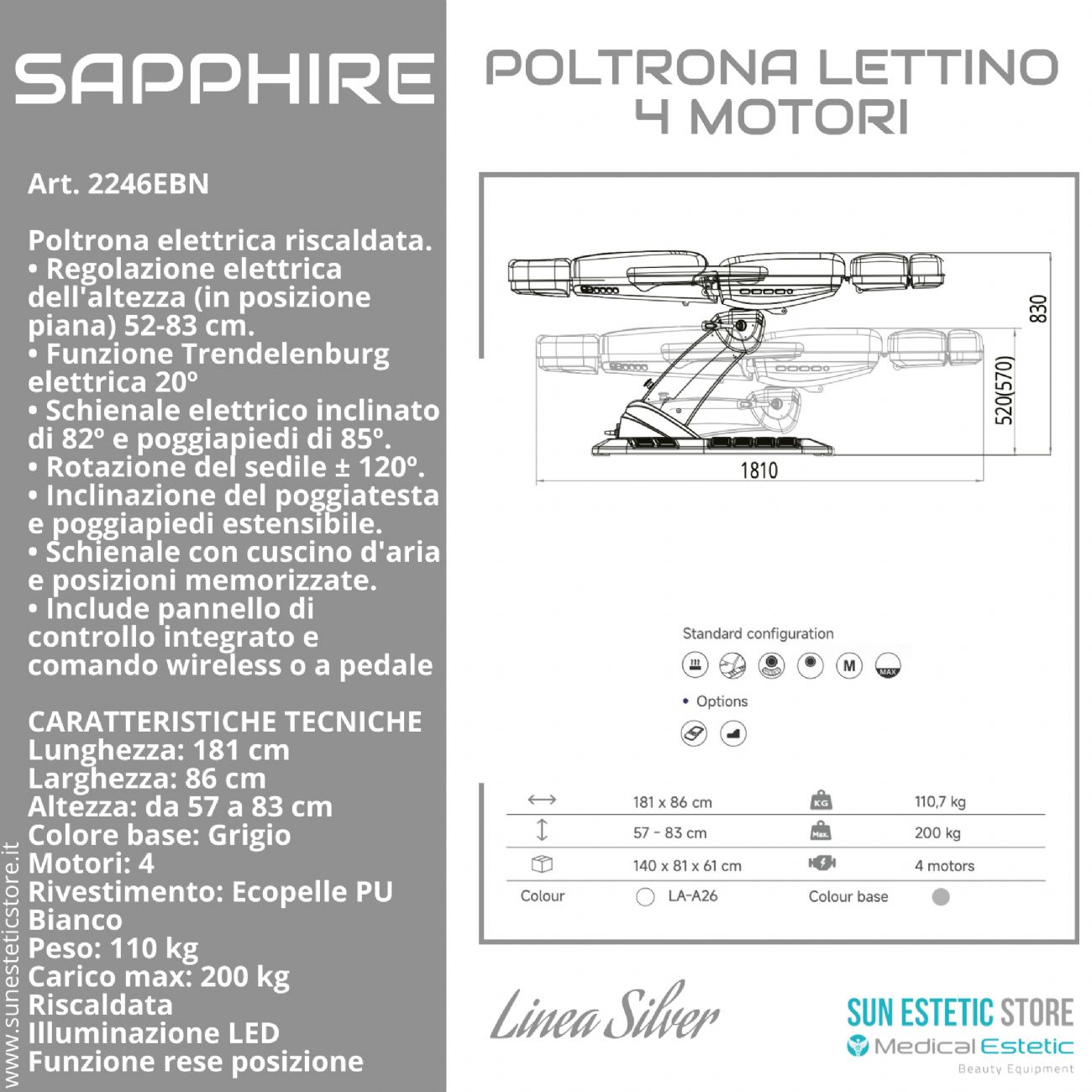 Sapphire poltrona lettino estetica elettrica 4 motori riscaldata