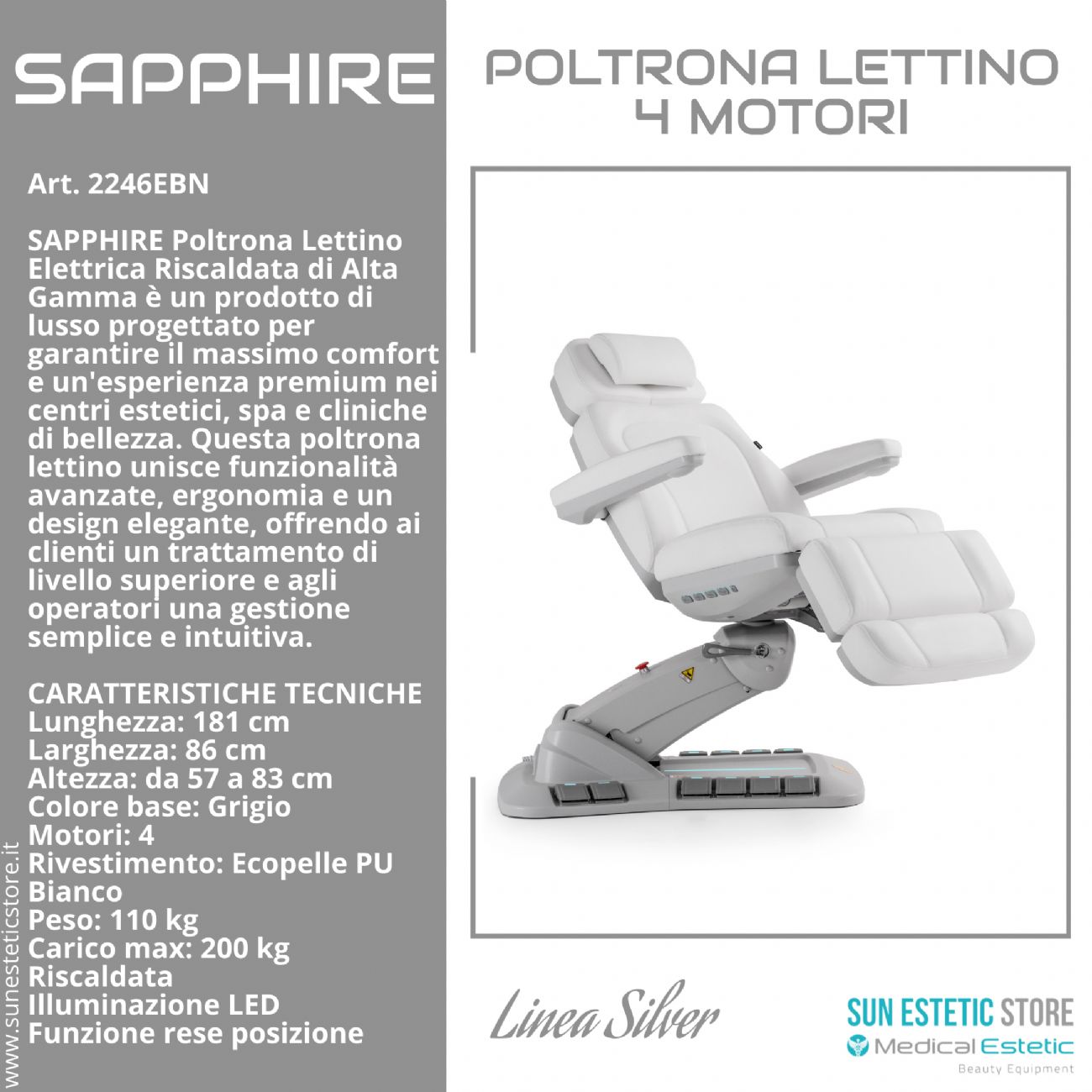 Sapphire poltrona lettino estetica elettrica 4 motori riscaldata