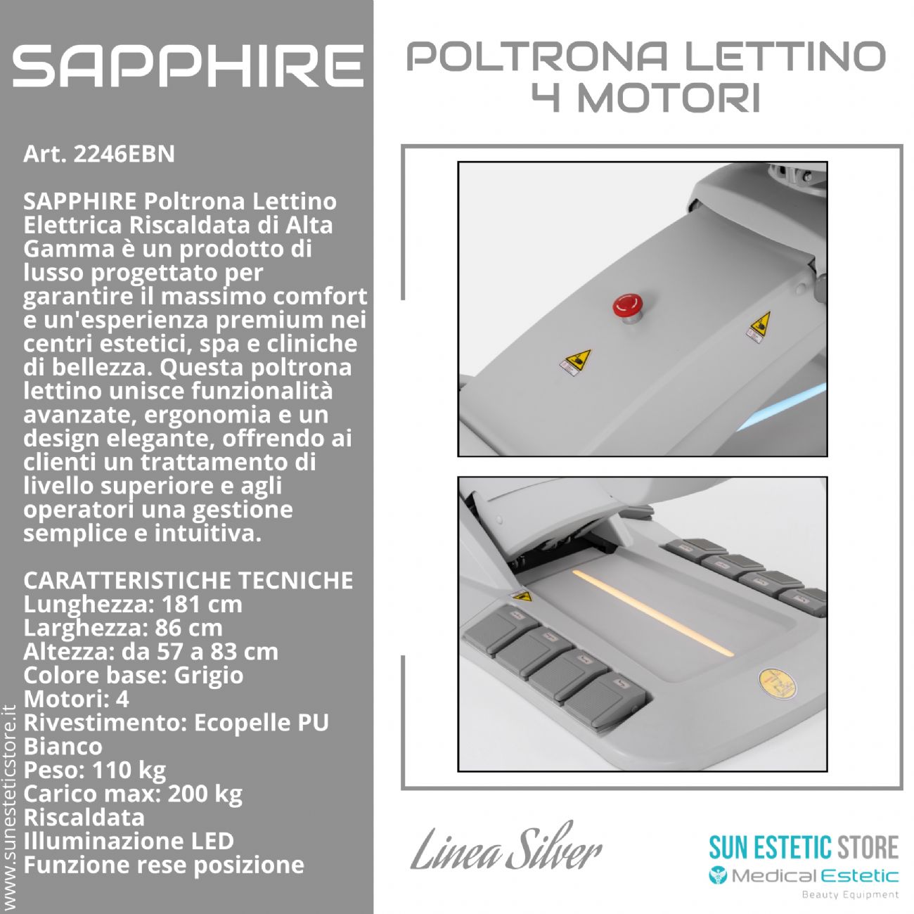 Sapphire poltrona lettino estetica elettrica 4 motori riscaldata