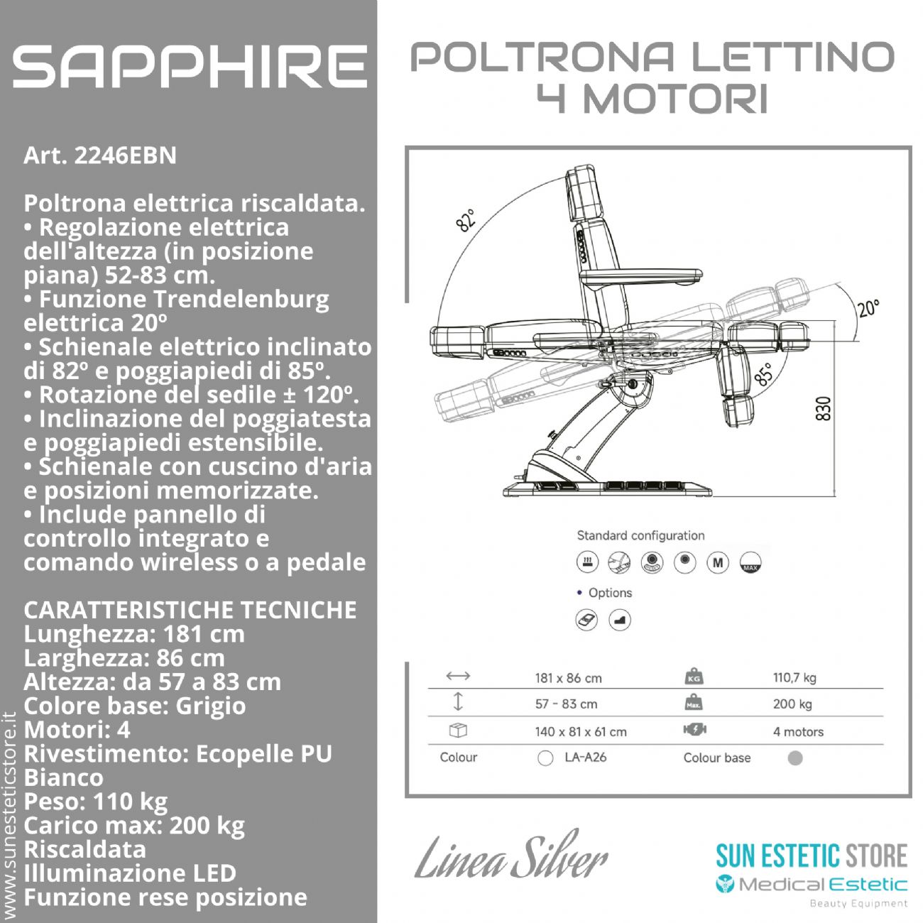 Sapphire poltrona lettino estetica elettrica 4 motori riscaldata