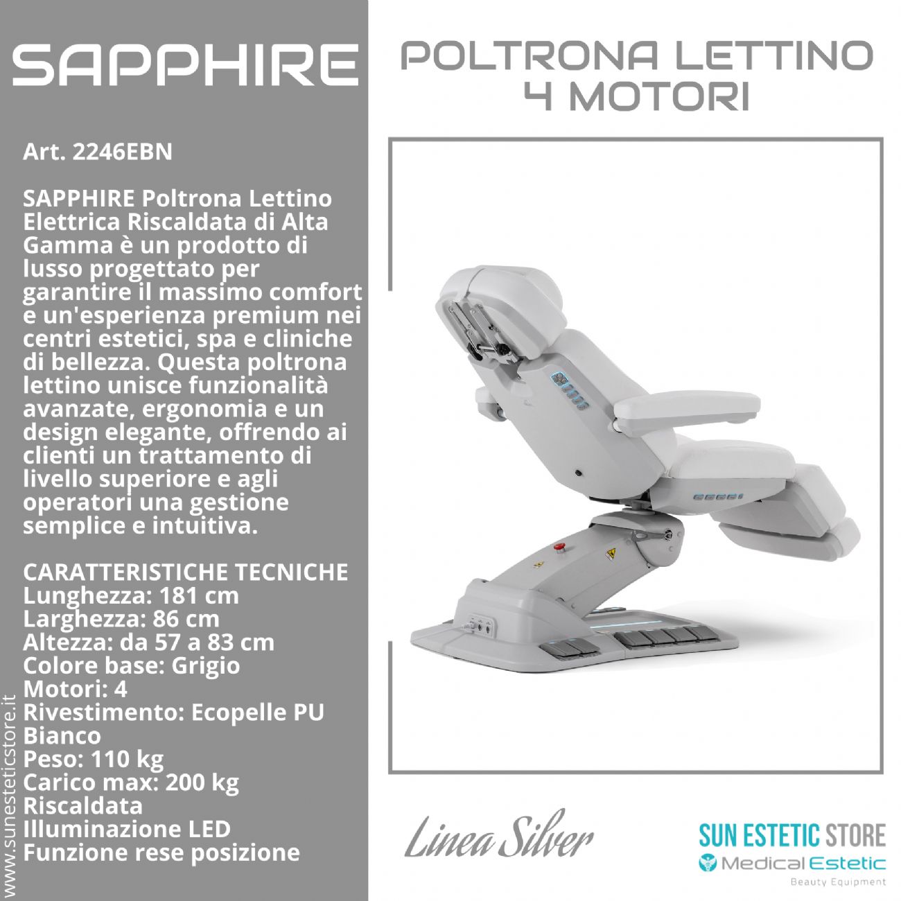 Sapphire poltrona lettino estetica elettrica 4 motori riscaldata