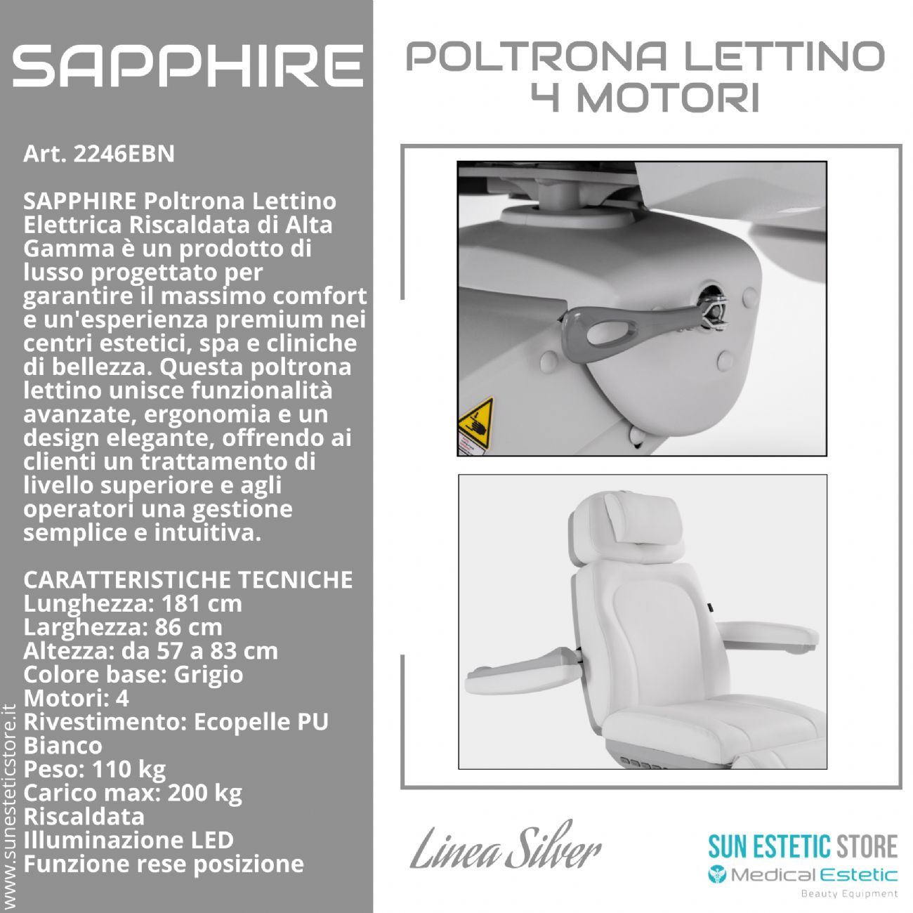 Sapphire poltrona lettino estetica elettrica 4 motori riscaldata