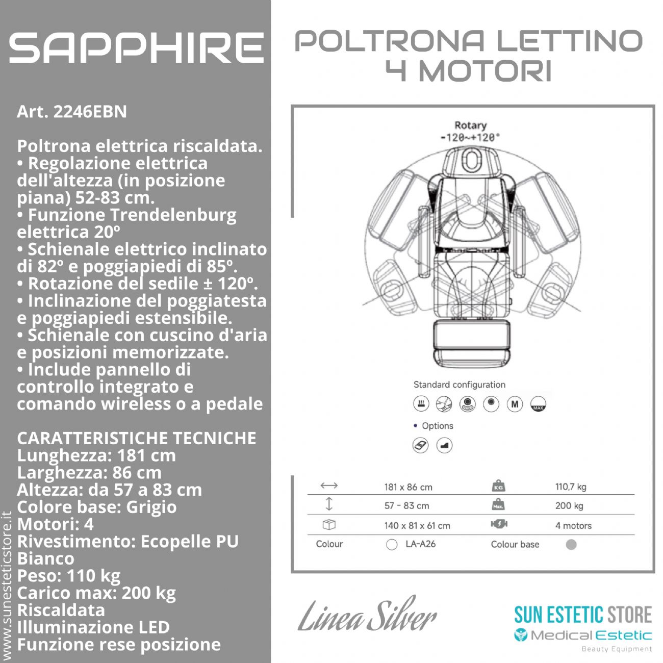 Sapphire poltrona lettino estetica elettrica 4 motori riscaldata