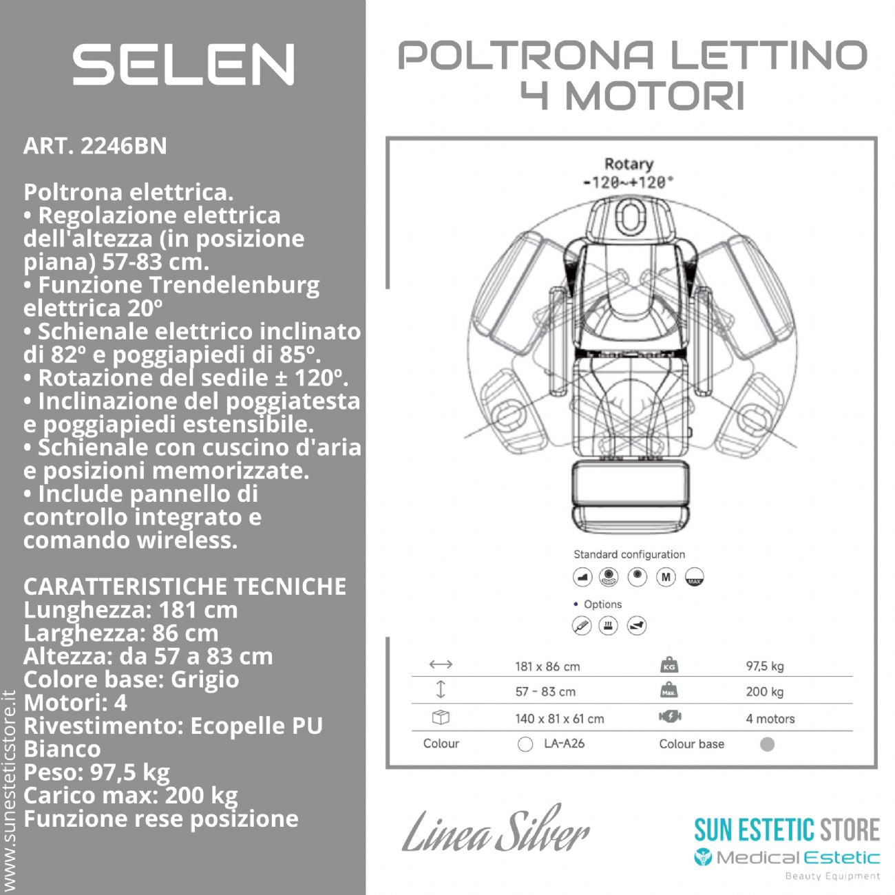 SELEN Poltrona lettino elettrica 4 motori riscaldata