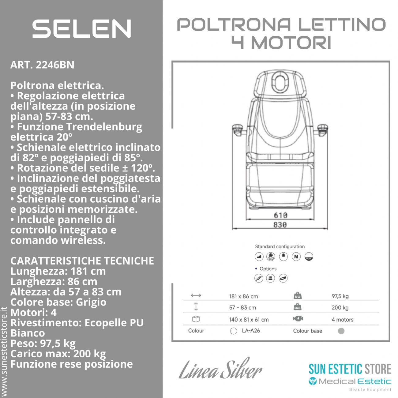 SELEN Poltrona lettino elettrica 4 motori riscaldata