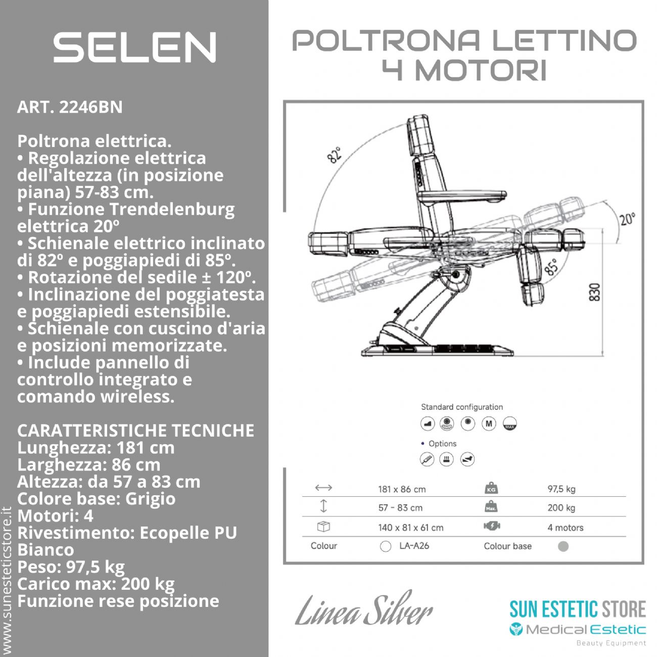 SELEN Poltrona lettino elettrica 4 motori riscaldata