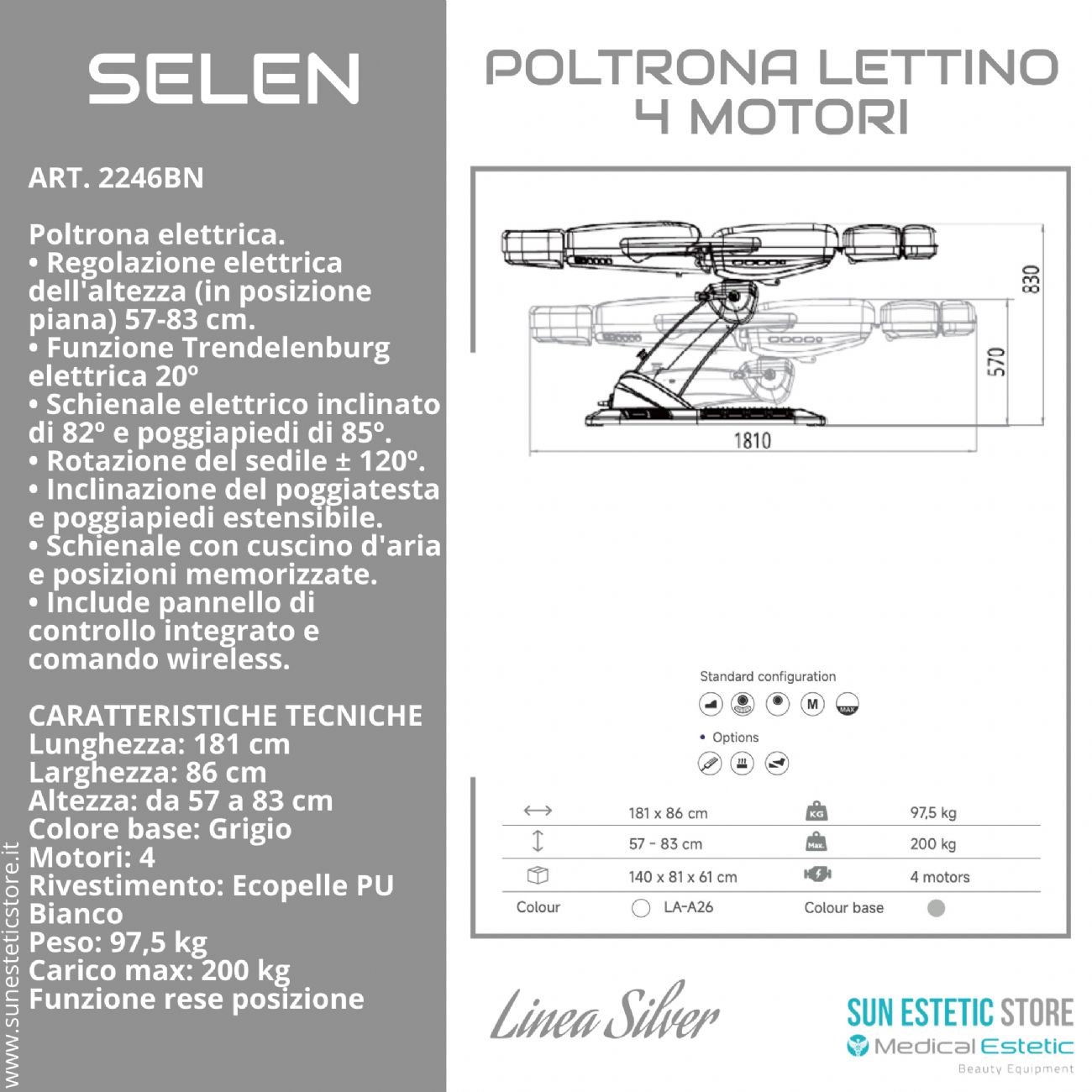 SELEN Poltrona lettino elettrica 4 motori riscaldata