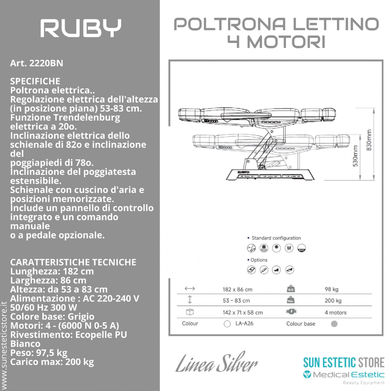 Ruby poltrona lettino elettrica 4 motori per estetica