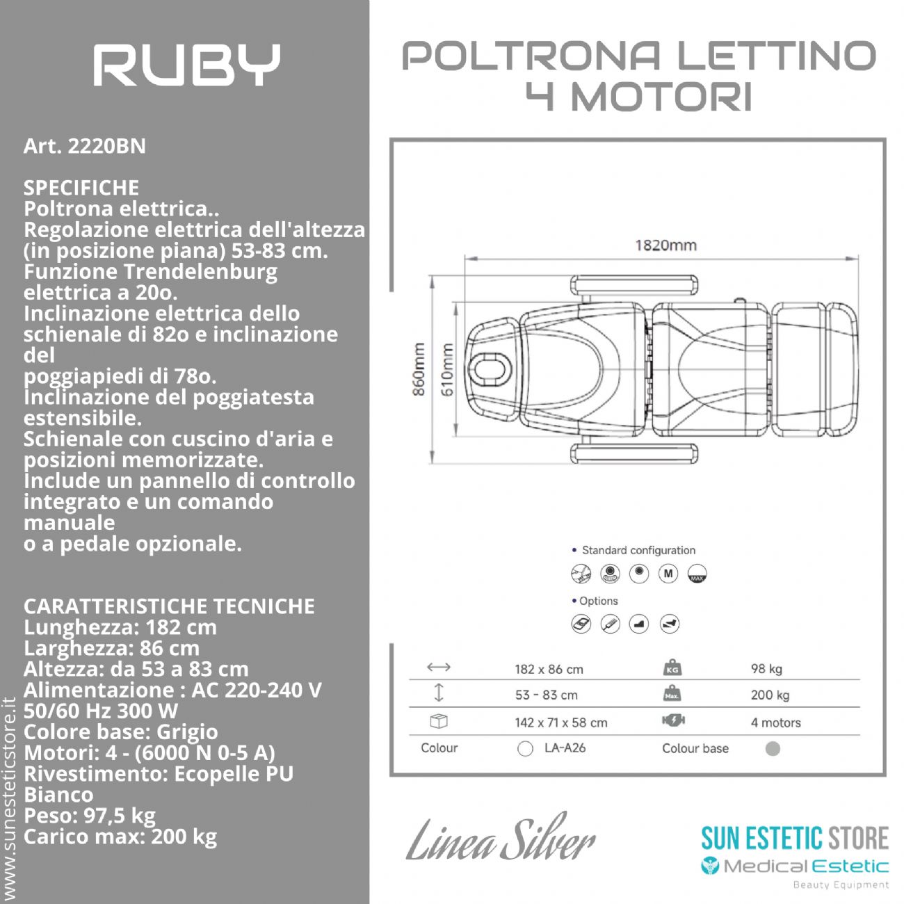 Ruby poltrona lettino elettrica 4 motori per estetica