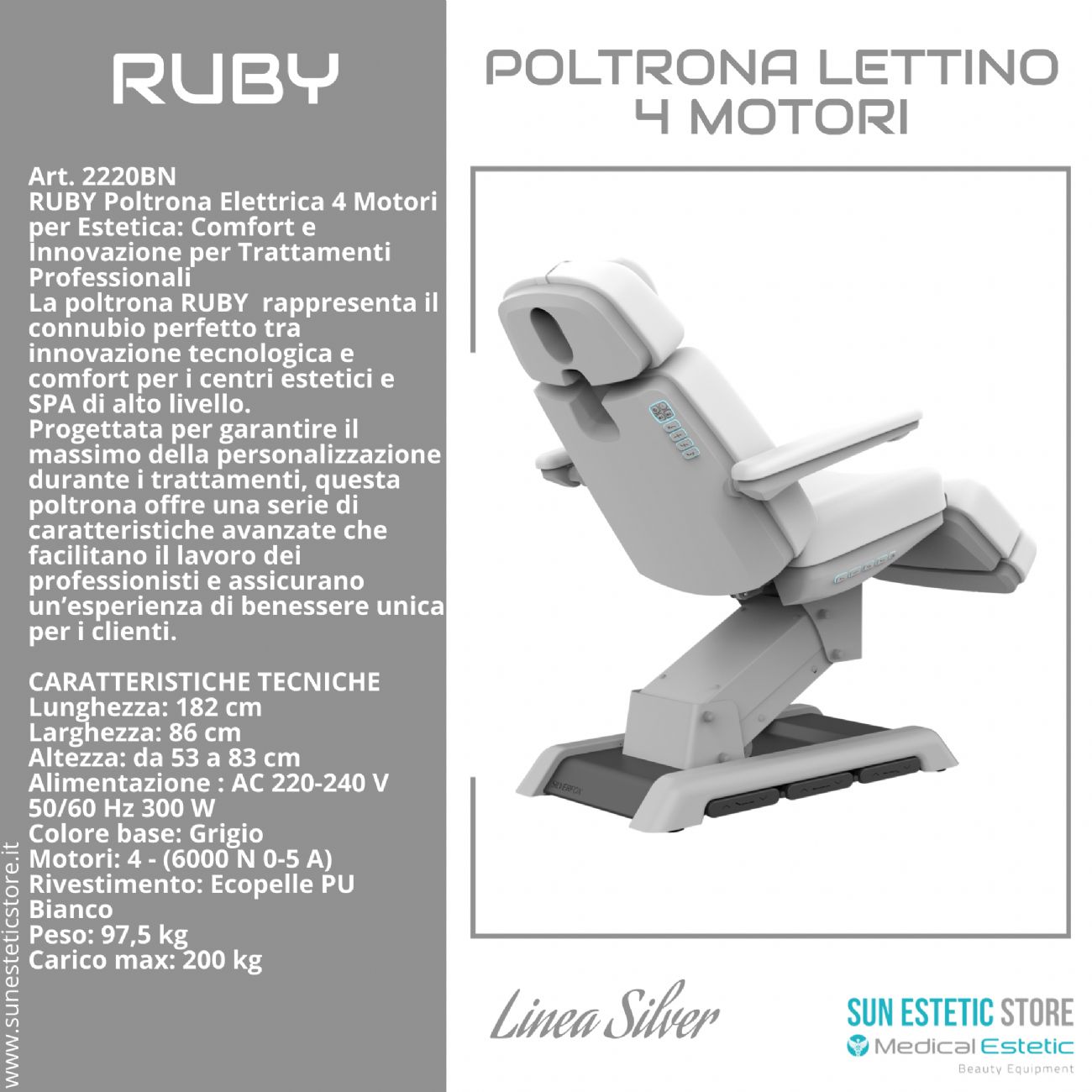 Ruby poltrona lettino elettrica 4 motori per estetica