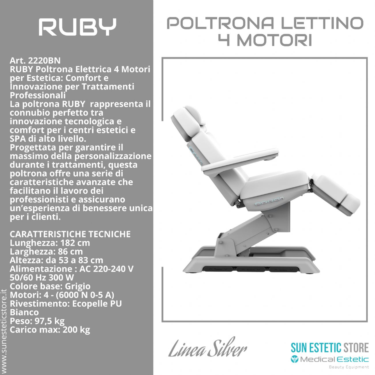 Ruby poltrona lettino elettrica 4 motori per estetica