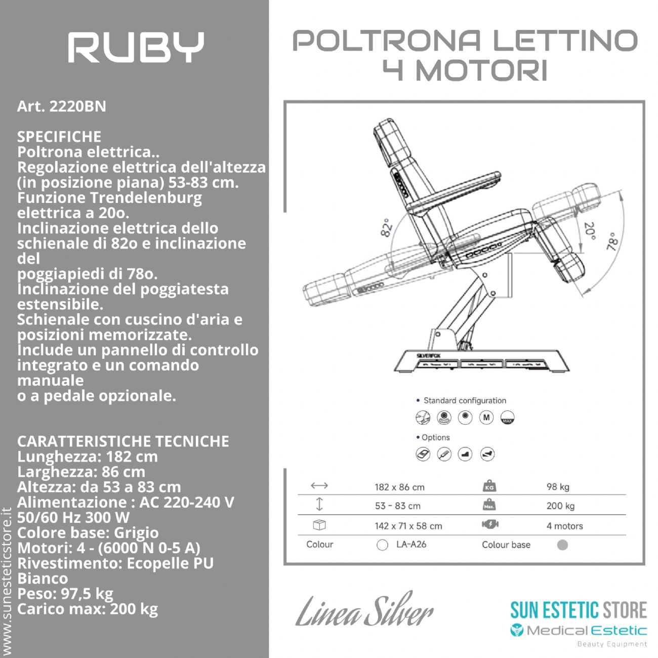 Ruby poltrona lettino elettrica 4 motori per estetica