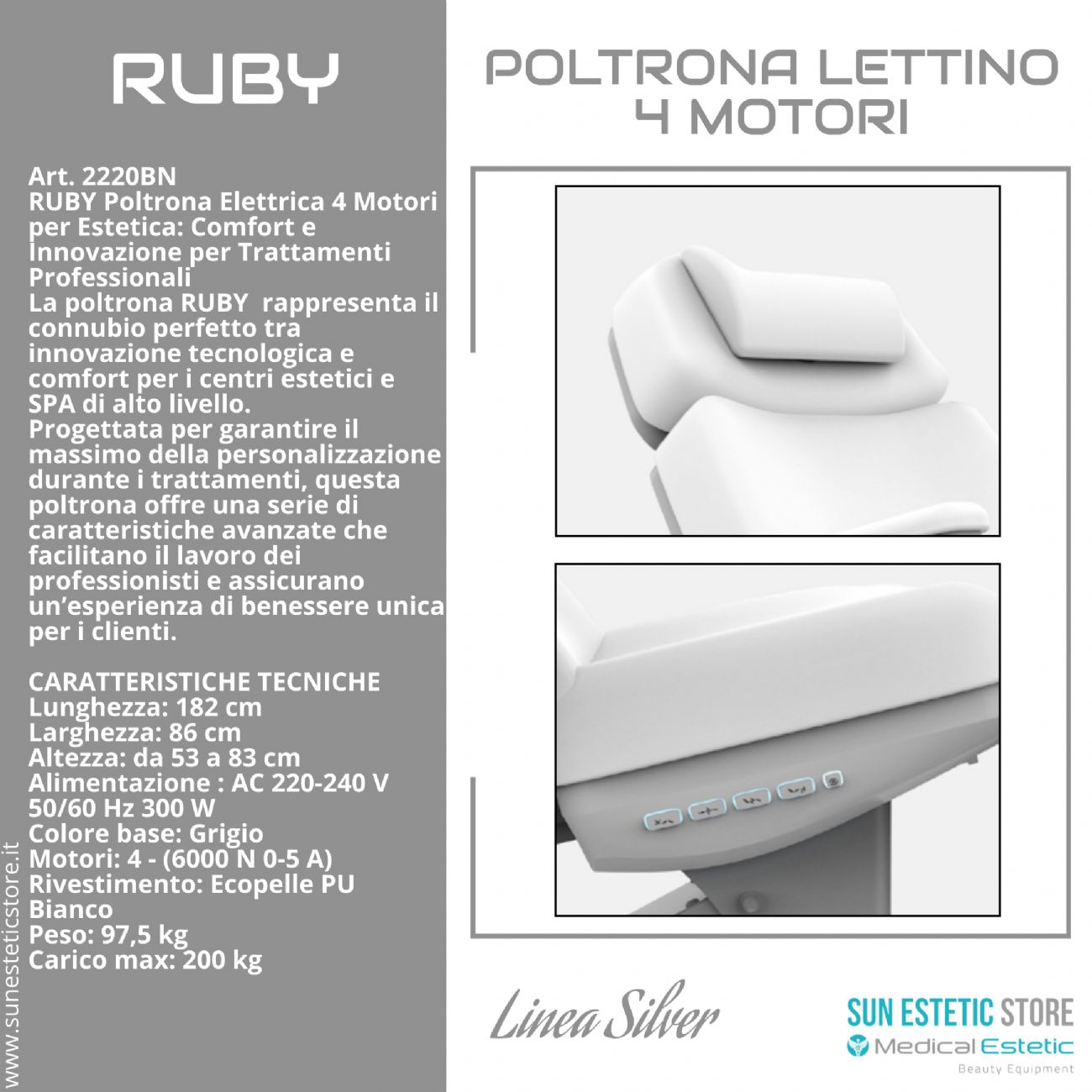 Ruby poltrona lettino elettrica 4 motori per estetica