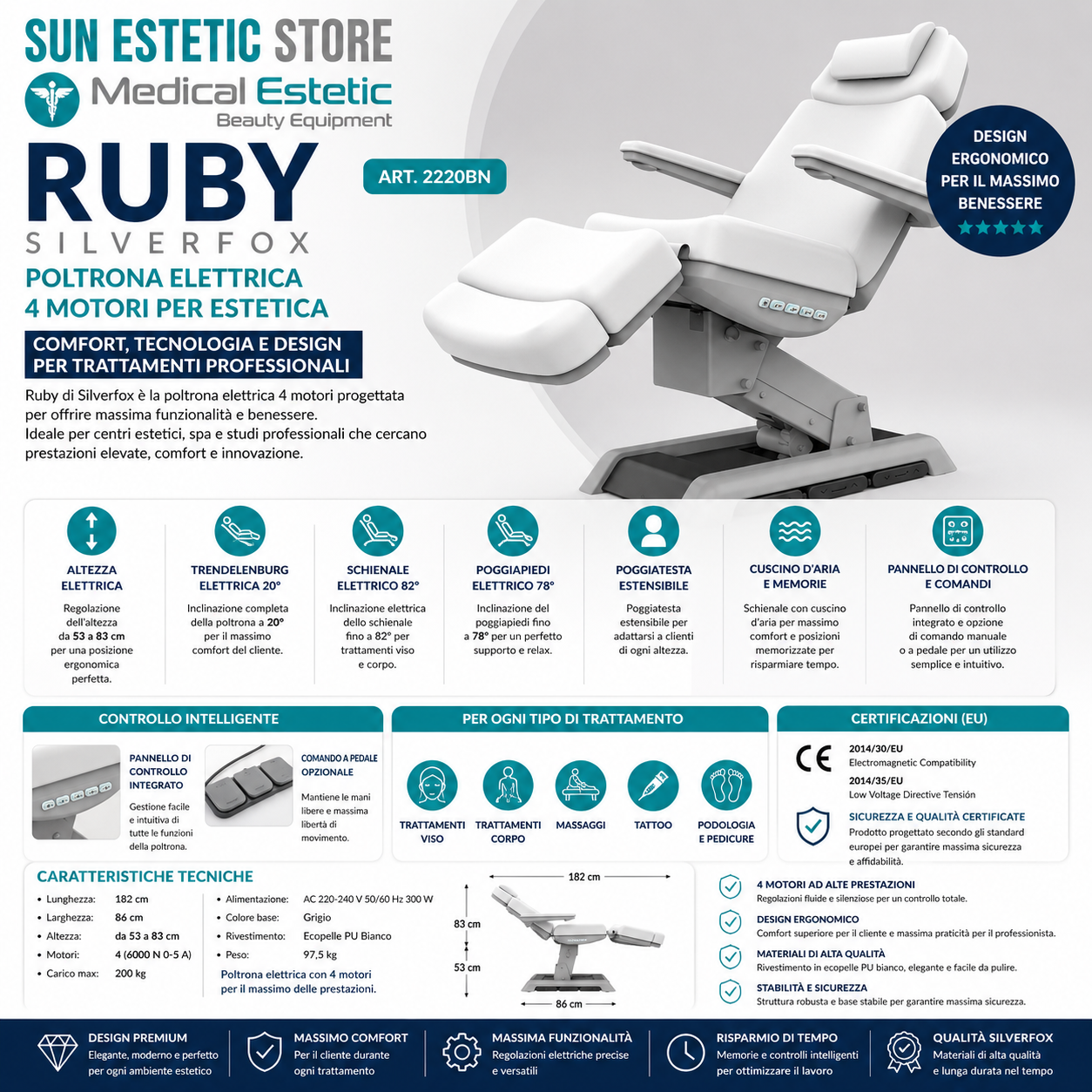 Ruby poltrona lettino elettrica 4 motori per estetica