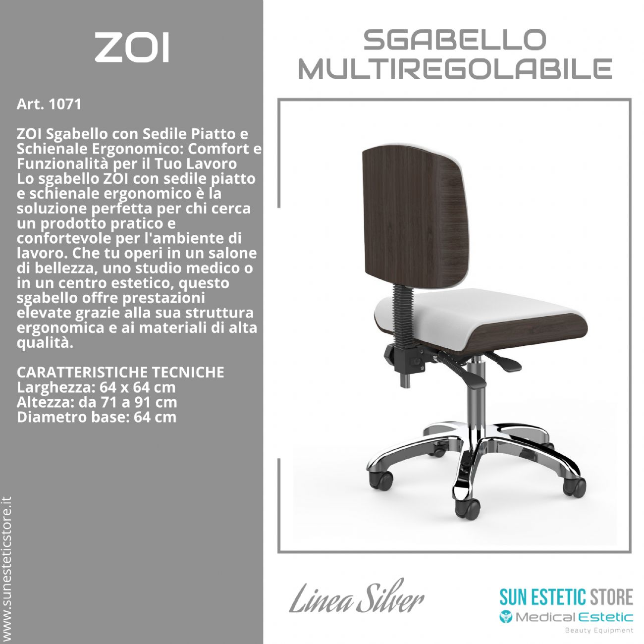 Zoi sgabello multiregolabile con seduta piatta e schienale ergonomico