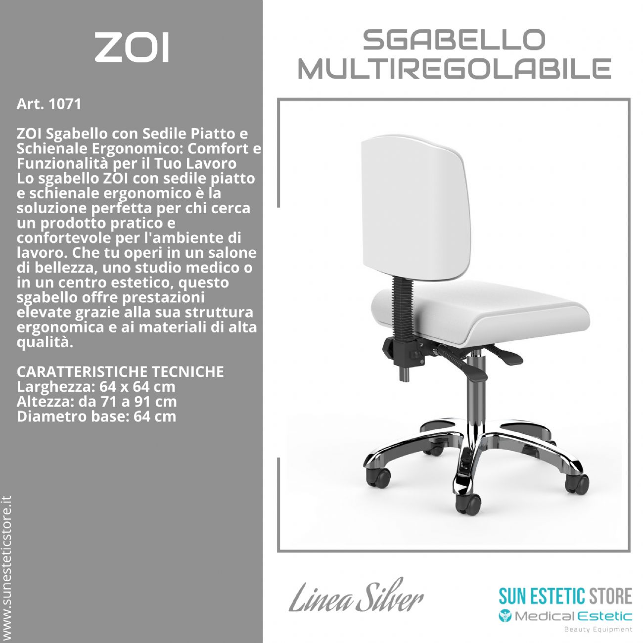 Zoi sgabello multiregolabile con seduta piatta e schienale ergonomico