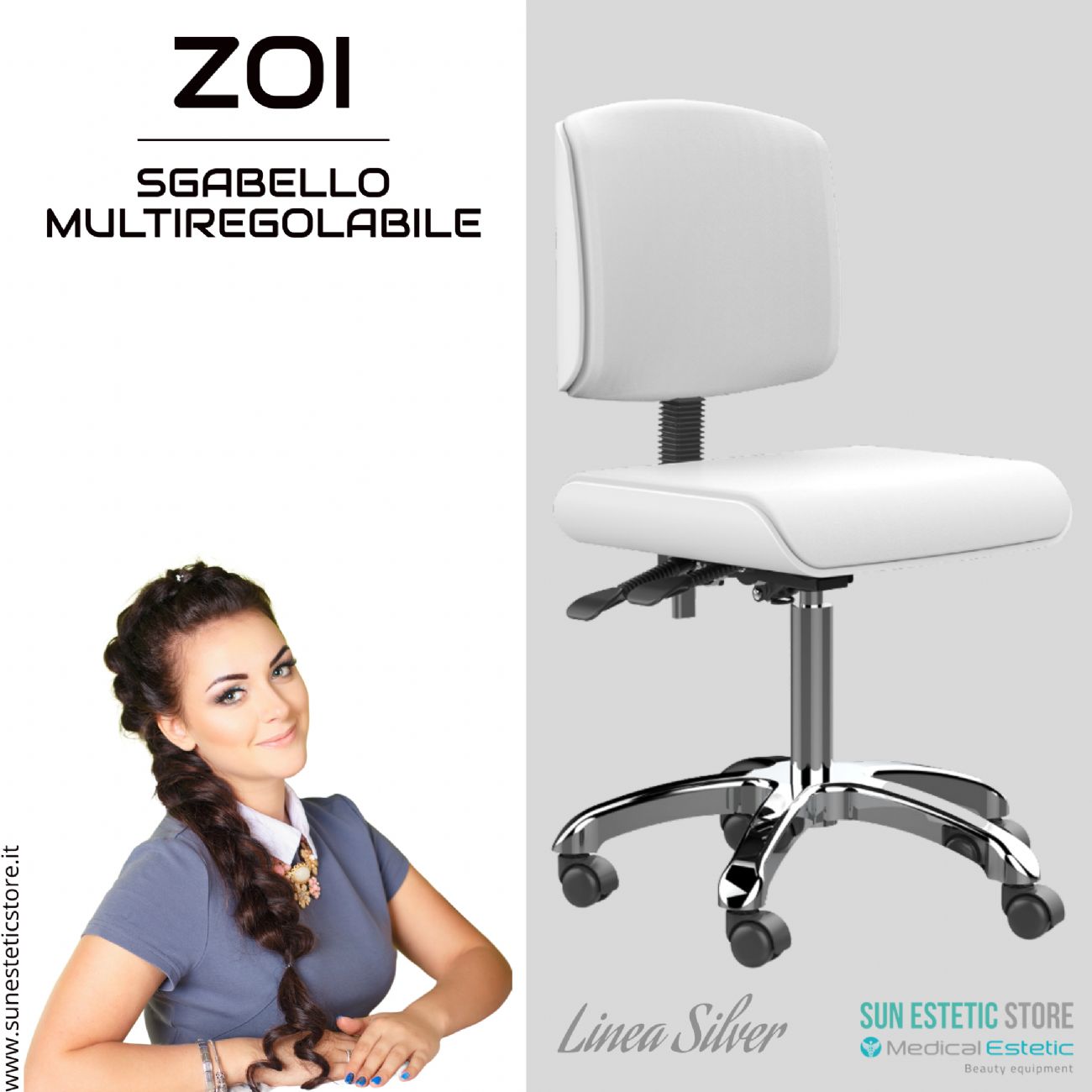 Zoi sgabello multiregolabile con seduta piatta e schienale ergonomico