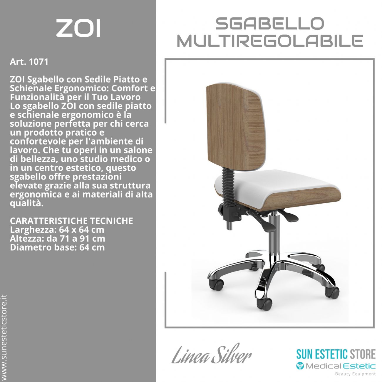 Zoi sgabello multiregolabile con seduta piatta e schienale ergonomico