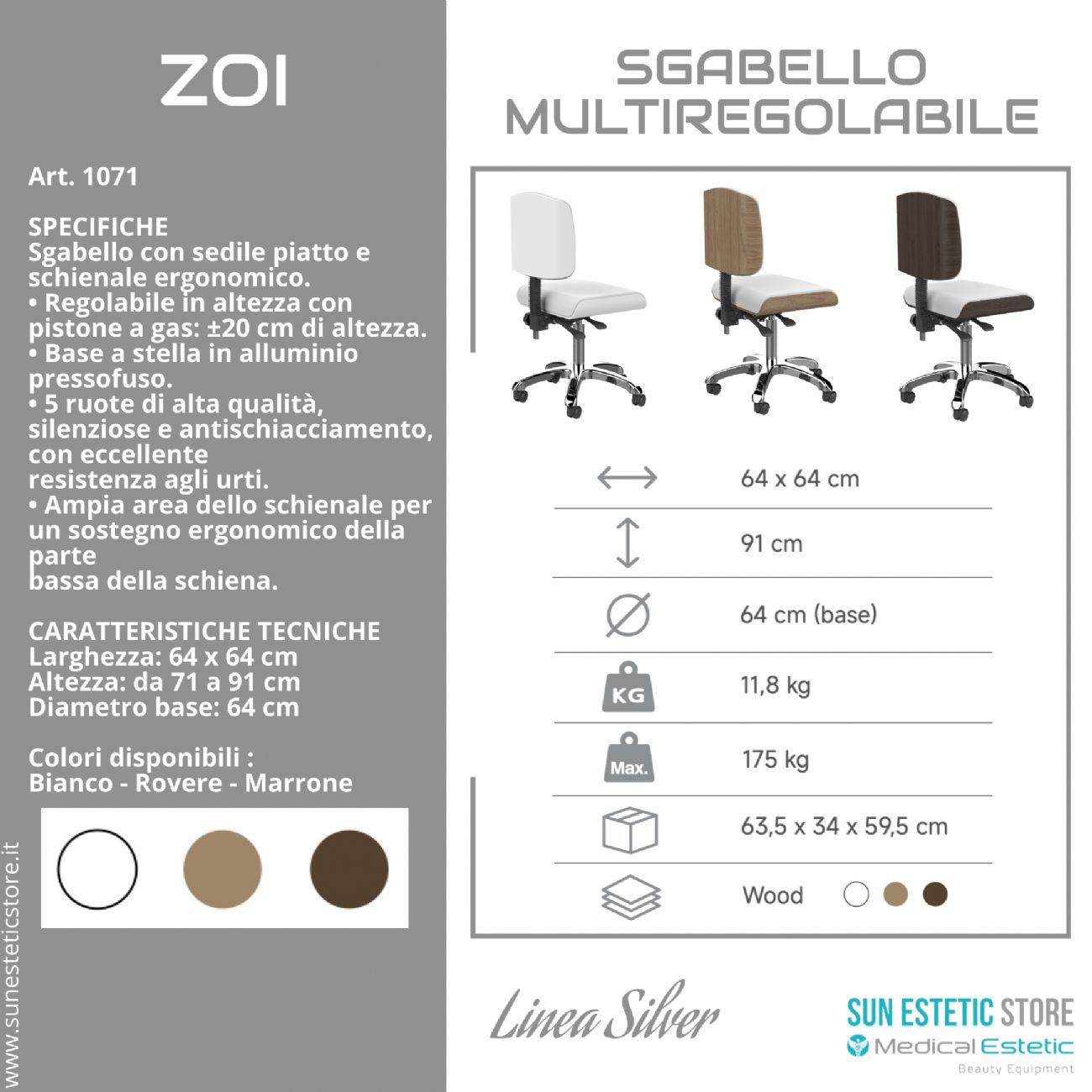 Zoi sgabello multiregolabile con seduta piatta e schienale ergonomico