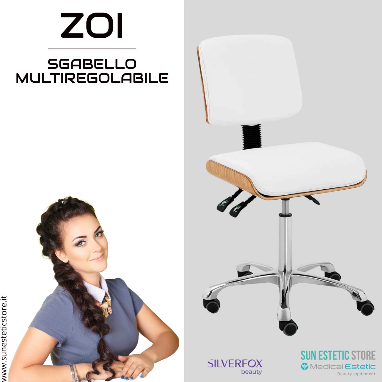 Zoi sgabello multiregolabile con seduta piatta e schienale ergonomico