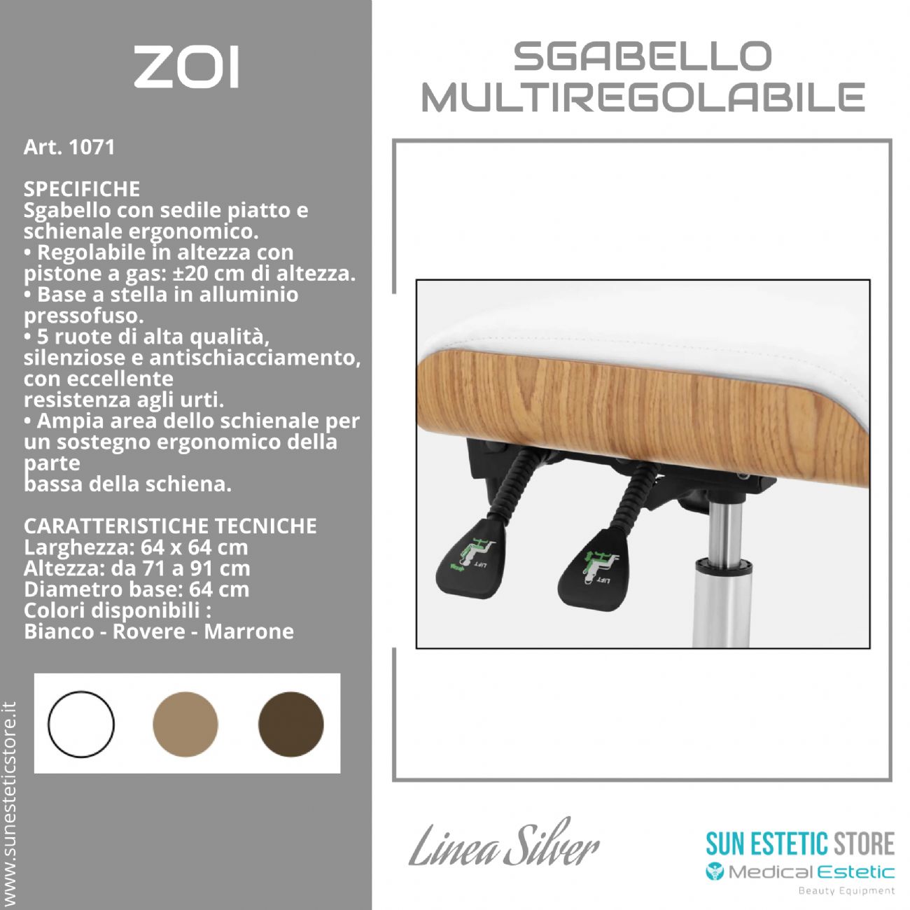 Zoi sgabello multiregolabile con seduta piatta e schienale ergonomico