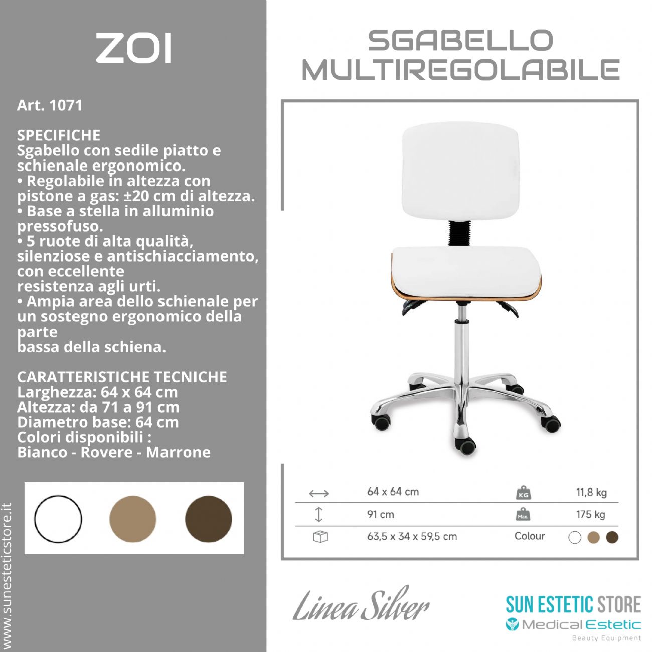 Zoi sgabello multiregolabile con seduta piatta e schienale ergonomico