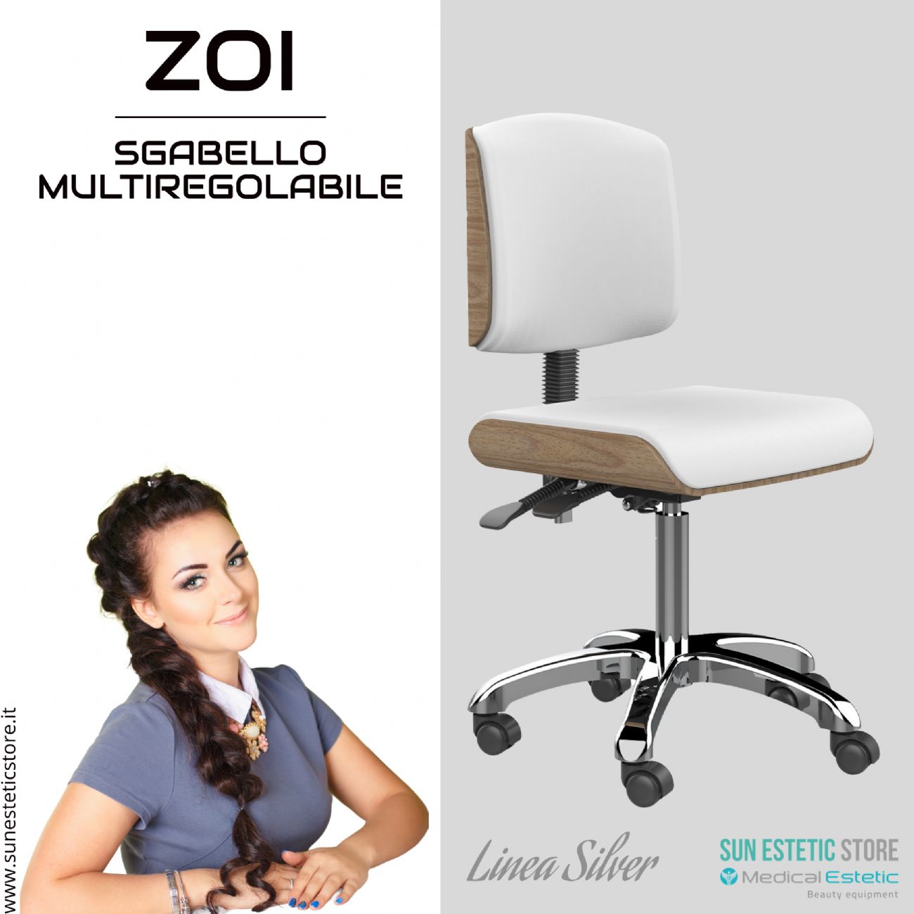 Zoi sgabello multiregolabile con seduta piatta e schienale ergonomico