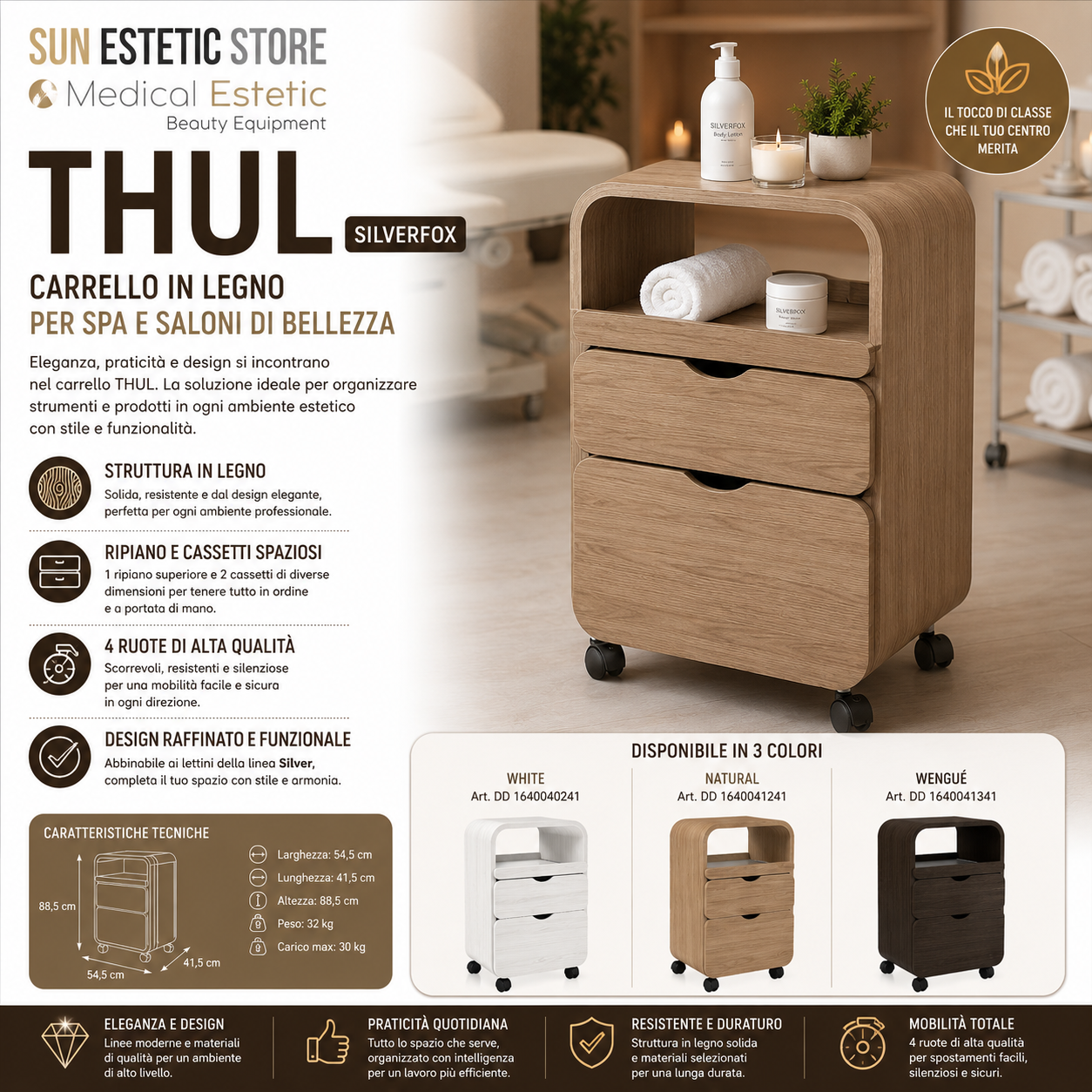 Thul carrello in legno per spa e saloni di bellezza