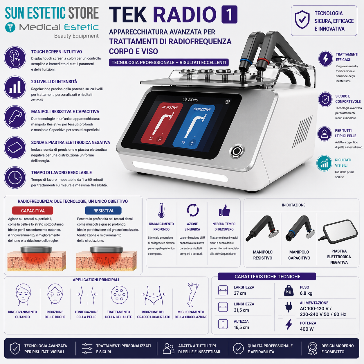 TEK Radio 1 Radiofrequenza vioso e corpo capacitiva e resistiva estetica