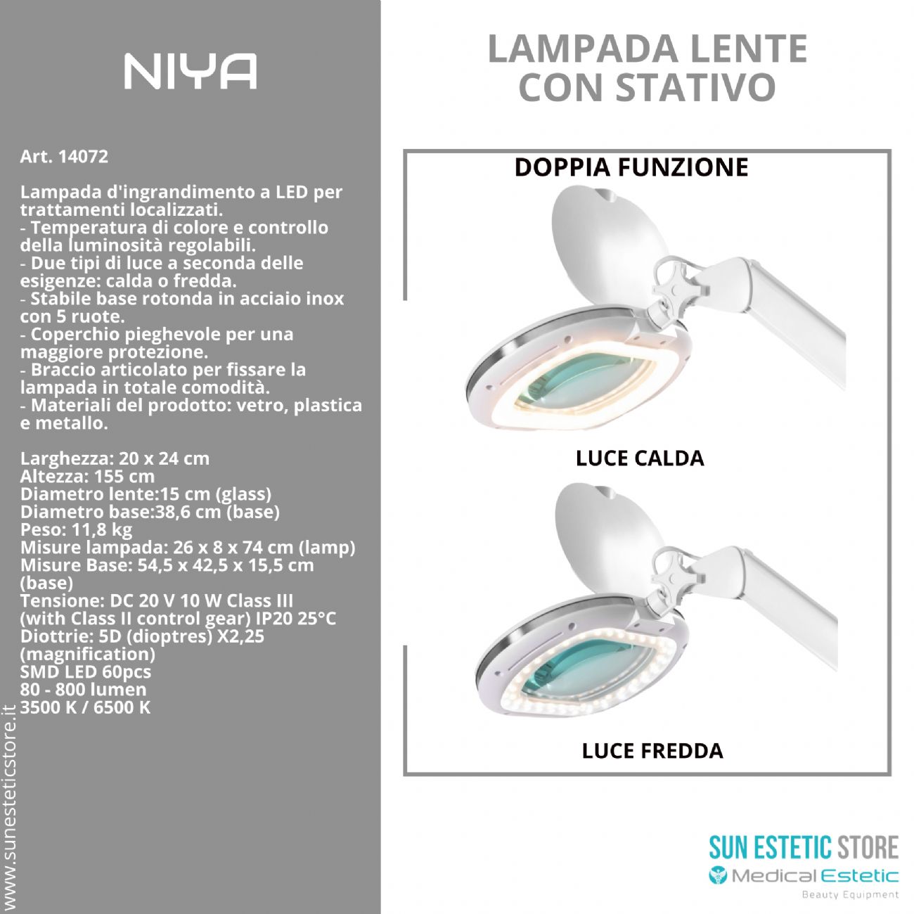 Niya Lampada lente led 5 diottrie 2 funzioni luce calda e luce fredda con stativo per estetica