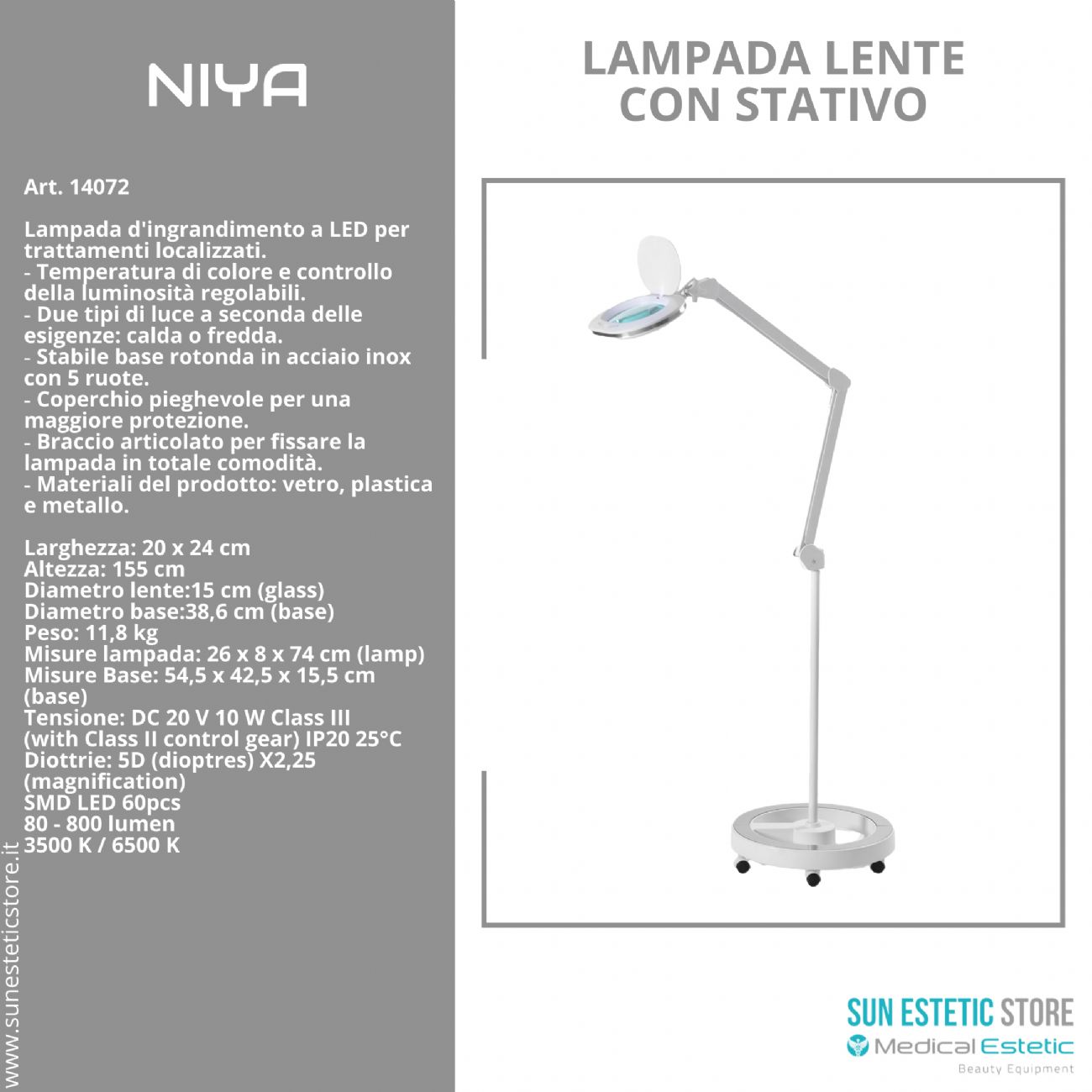 Niya Lampada lente led 5 diottrie 2 funzioni luce calda e luce fredda con stativo per estetica