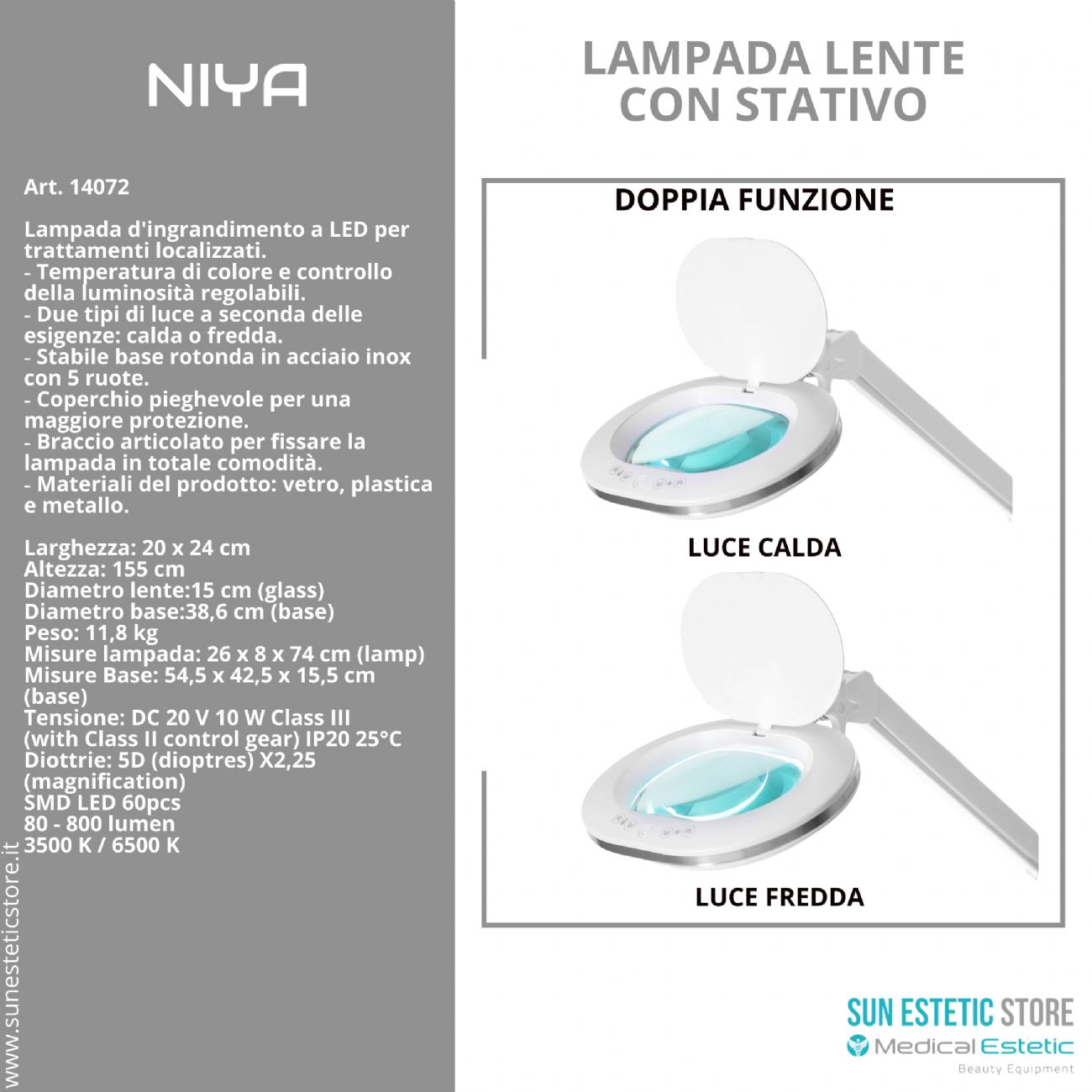 Niya Lampada lente led 5 diottrie 2 funzioni luce calda e luce fredda con stativo per estetica