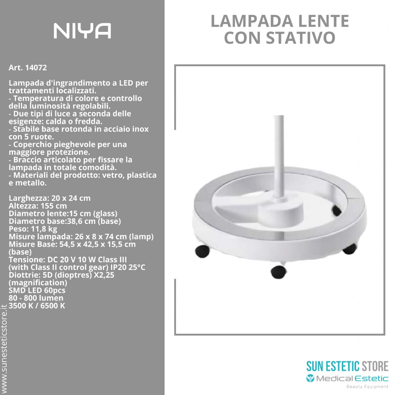 Niya Lampada lente led 5 diottrie 2 funzioni luce calda e luce fredda con stativo per estetica