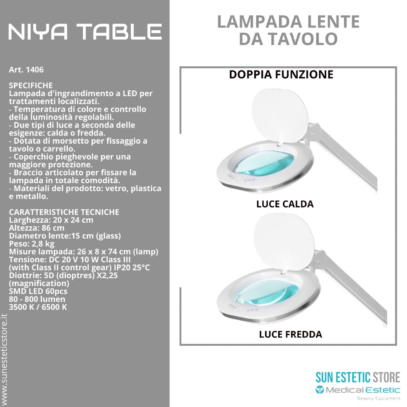 Niya Table Lampada lente led 5 diottrie da tavolo 2 funzioni luce calda e luce fredda  per estetica