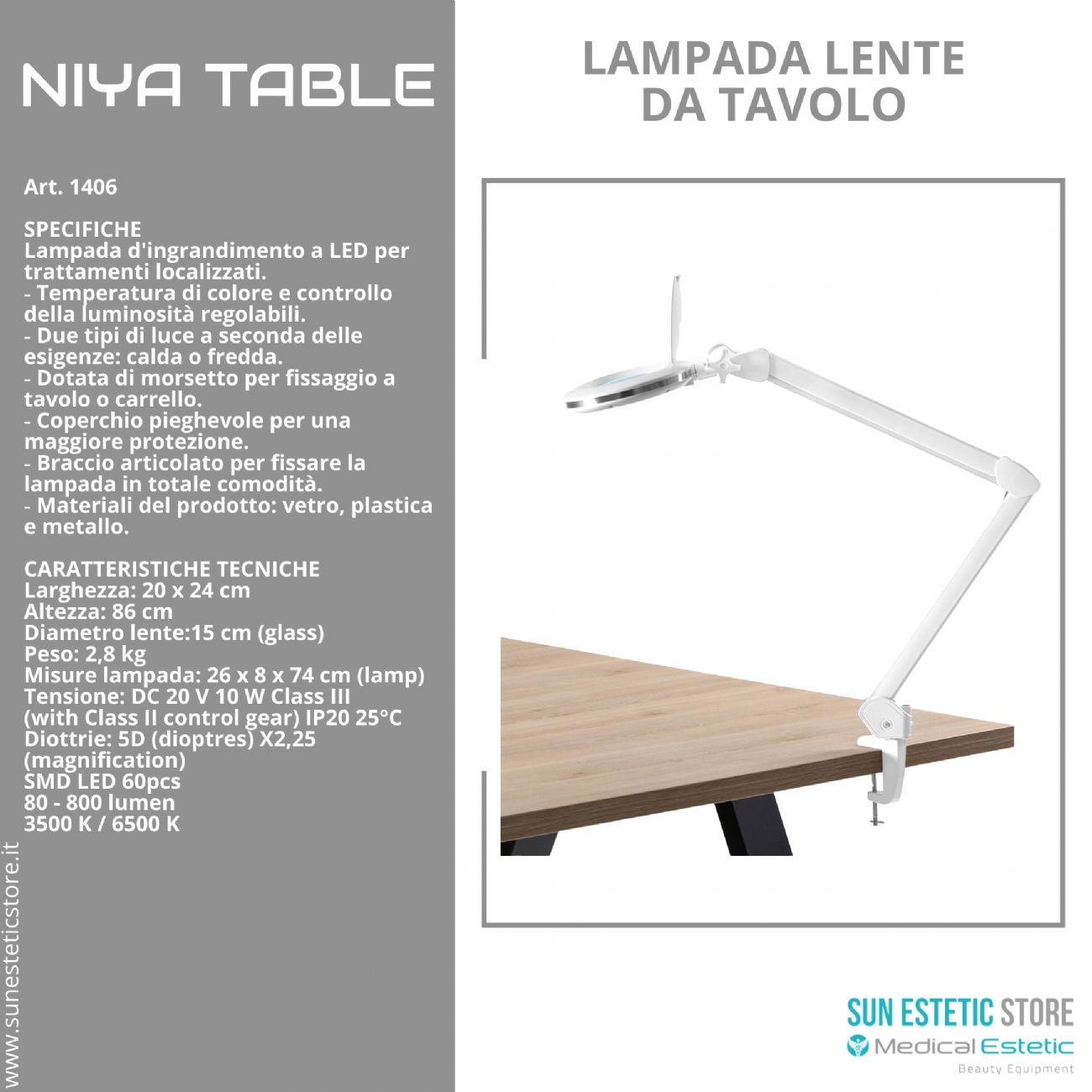 Niya Table Lampada lente led 5 diottrie da tavolo 2 funzioni luce calda e luce fredda  per estetica