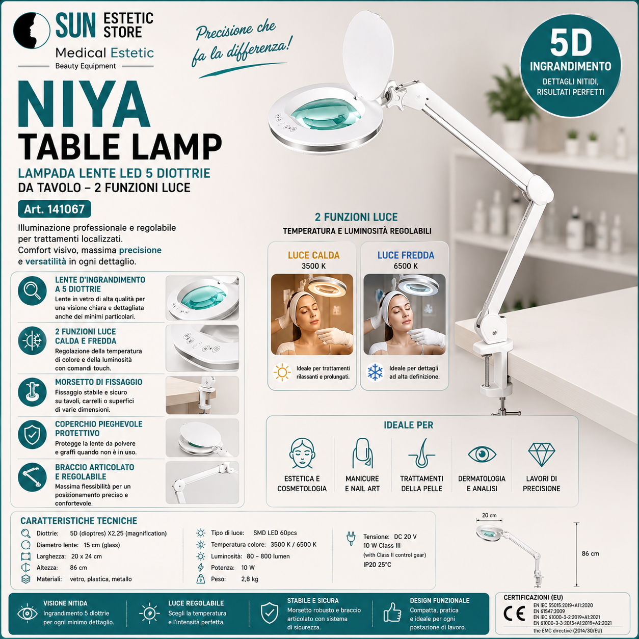 Niya Table Lampada lente led 5 diottrie da tavolo 2 funzioni luce calda e luce fredda  per estetica