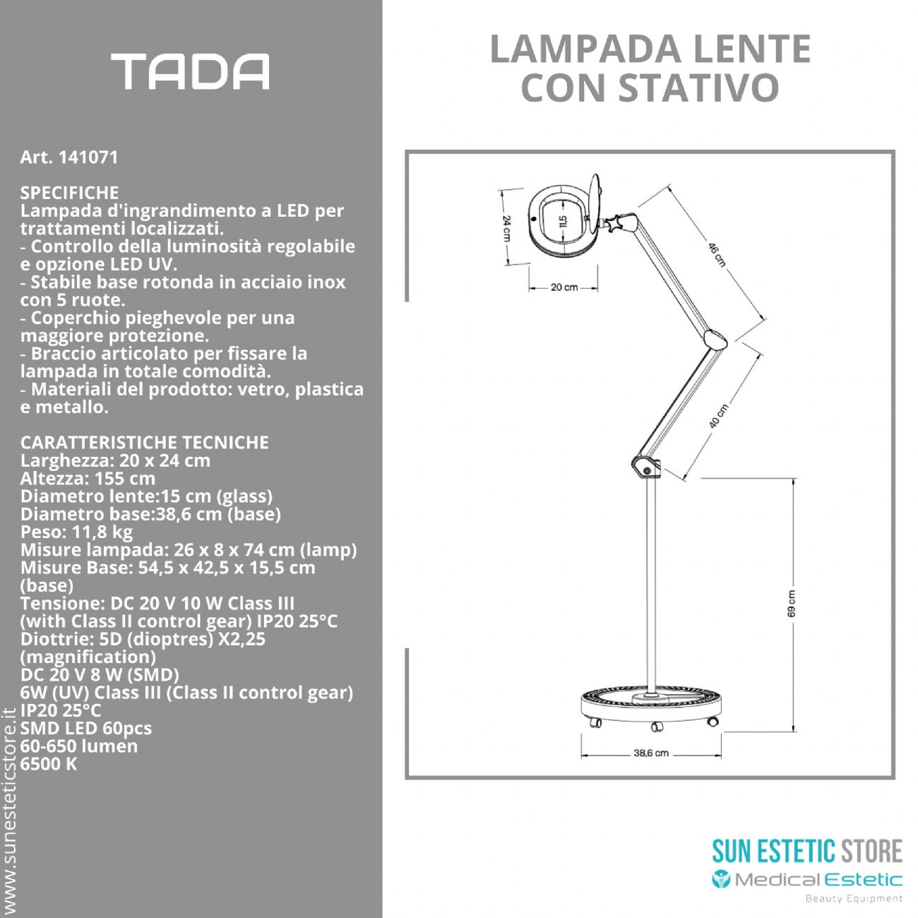 Tada lampada lente 5 diottrie 2 funzione luce fredda e luce UV con stativo