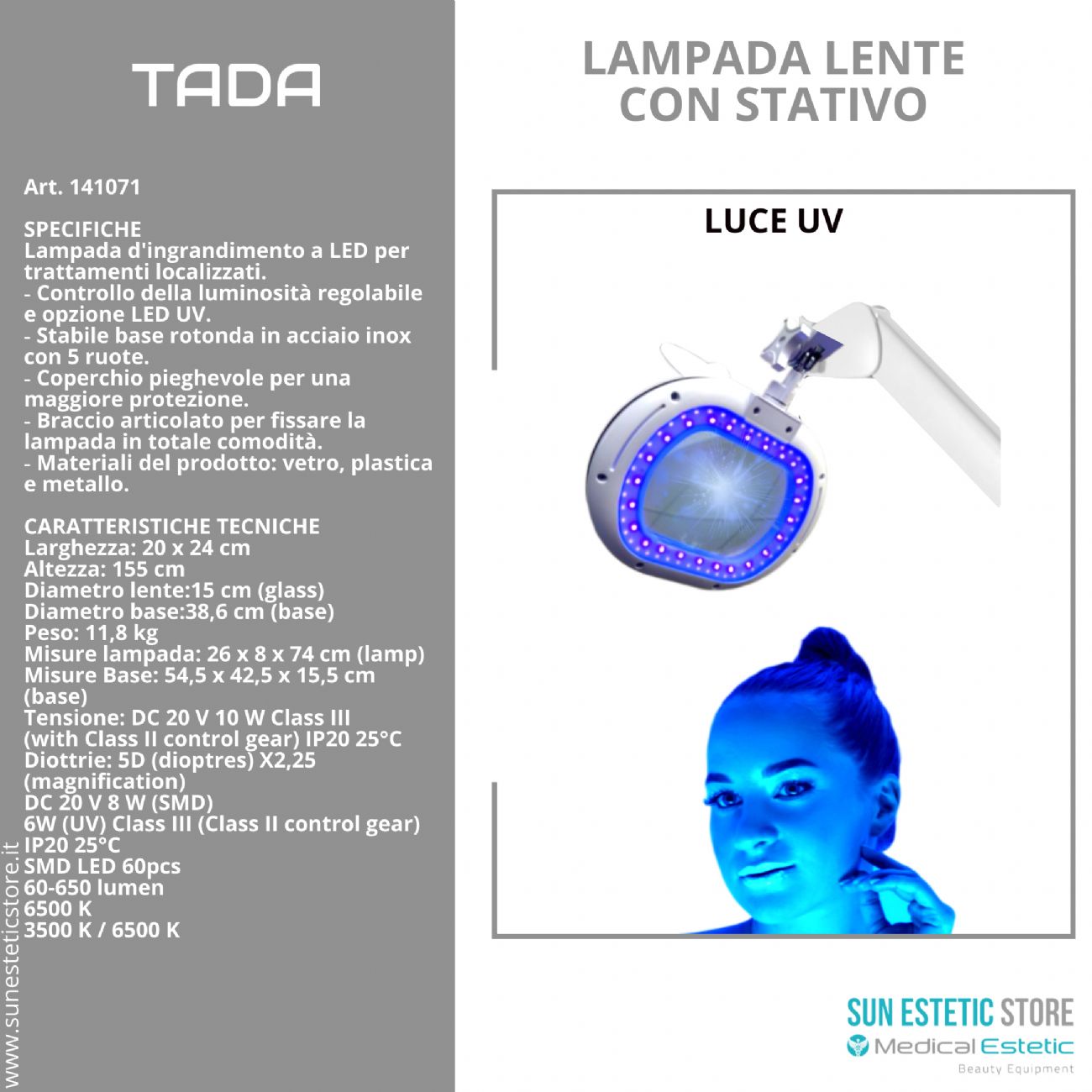 Tada lampada lente 5 diottrie 2 funzione luce fredda e luce UV con stativo