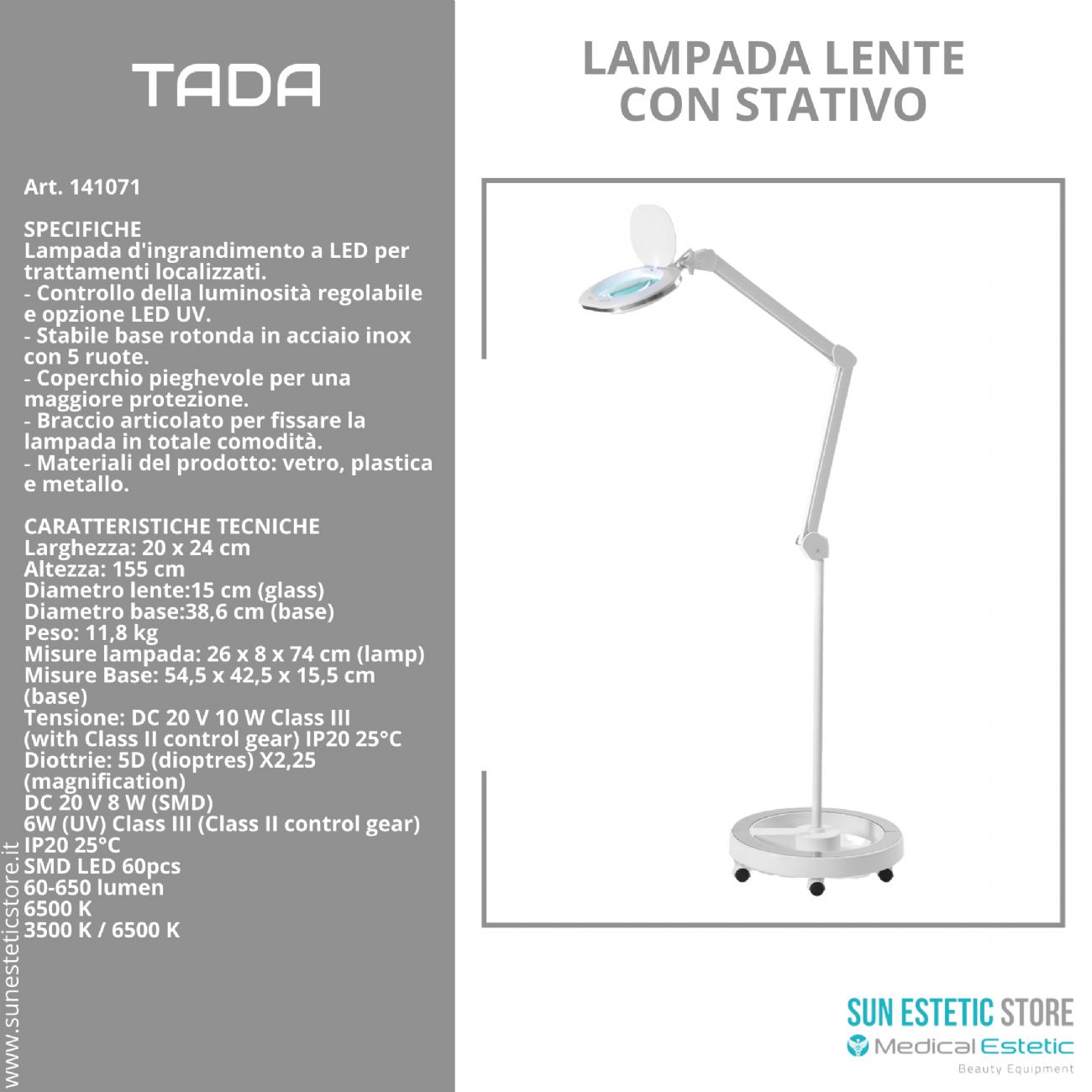 Tada lampada lente 5 diottrie 2 funzione luce fredda e luce UV con stativo